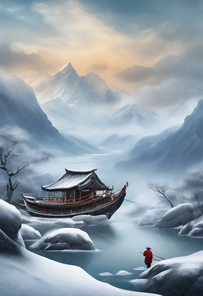 Thousand Mountains, Extinct, Lonely Boat, Old Man, Ice and Snow Weather, Fishing, Extreme Cold, Overcast Weather, Best Quality, Ultra-high resolution, 4K detailed ink flowers, Chinese painting style, Thangka style
