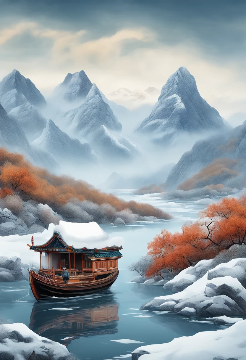 Thousand Mountains, Extinct, Lonely Boat, Old Man, Ice and Snow Weather, Fishing, Extreme Cold, Overcast Weather, Best Quality, Ultra-high resolution, 4K detailed ink flowers, Chinese painting style, Thangka style