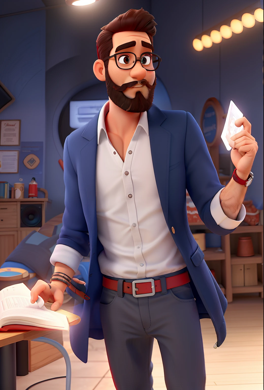 Pode melhorar barba mais rala com uns fios brancos, Make the full body appearing white red shoes. Man stands on black background on a speaker-like stage with microphone in one hand and book in the other in Disney pixar style best quality, maior qualidade.