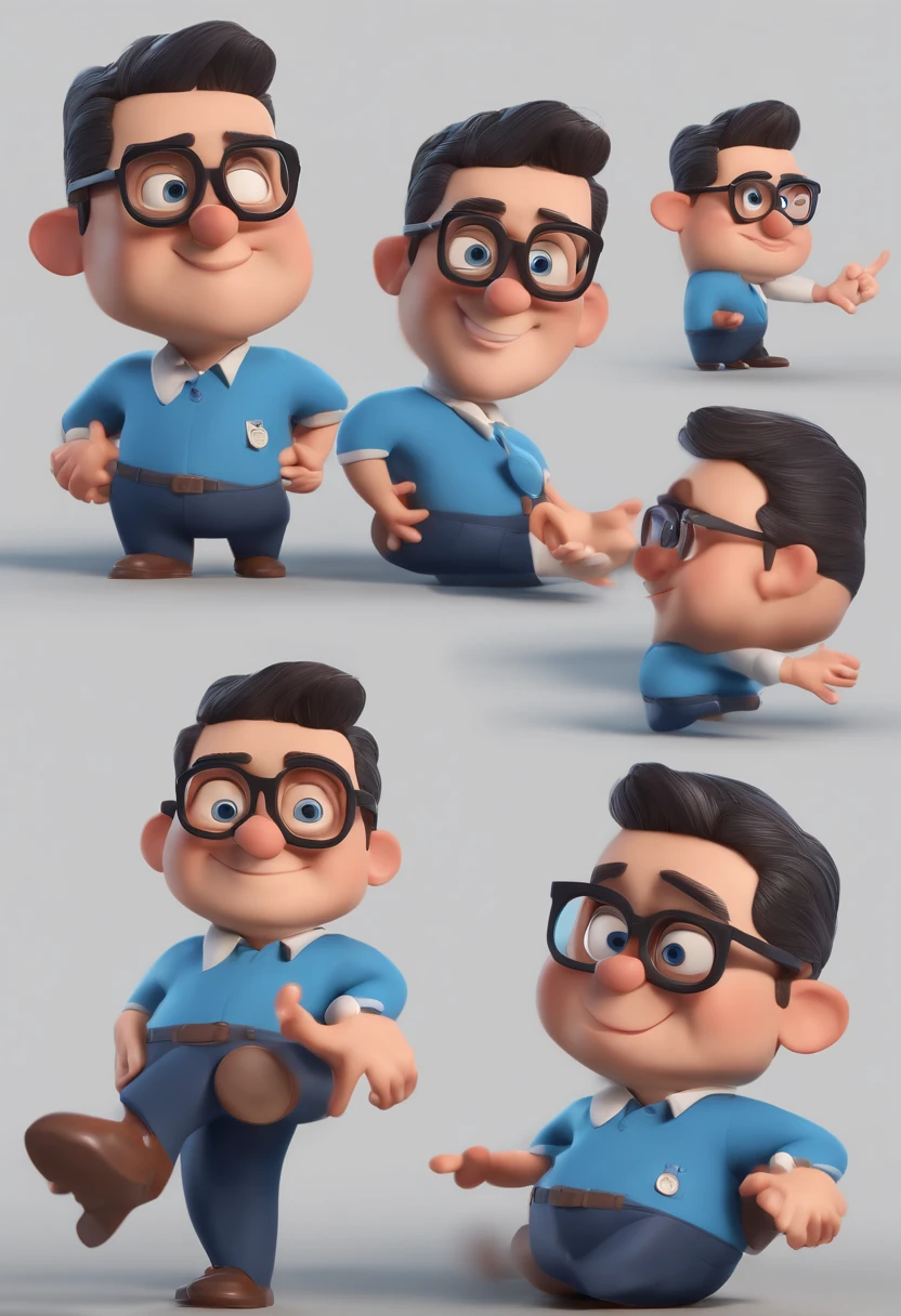 Cartoon character of a man with black glasses and a blue shirt, animation character, Caractere estilizado, animation style rendering, 3D estilizado, Arnold Maya render, 3 d render stylized, toon render keyshot, Personagem 3D, Personagem 3D, 3d rendering stylized, 3 d character render, personagem de desenho animado, Personagem de close up, Pose de personagem,  (Estilo Pixar) (master part:1.2) (Bokeh) (best quality) (pele detalhada) (textura detalhada) (8k) (argila) (Cinematic lighting) (foco nítido