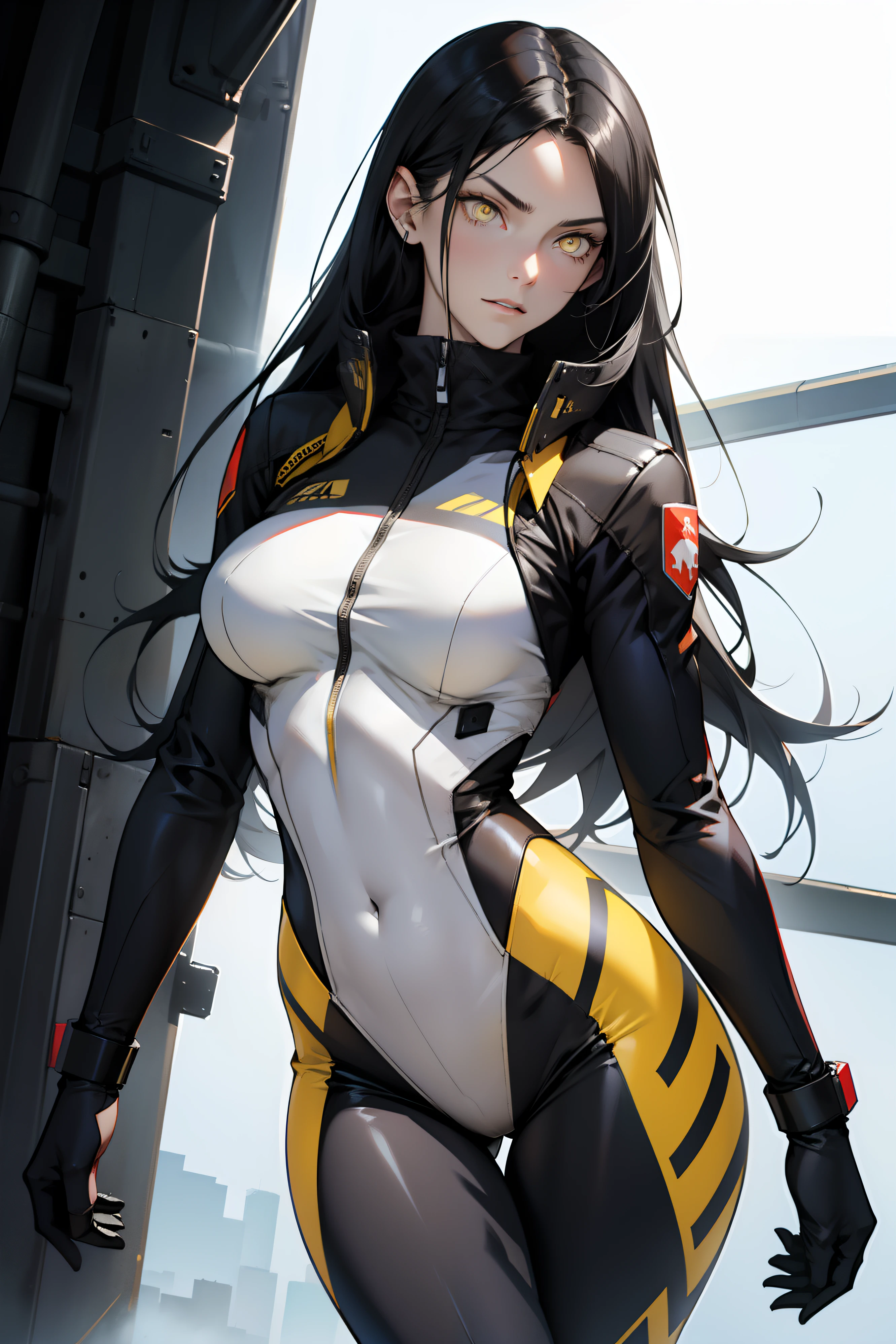 1 girl, black hair, yellow eyes, very long hair, pale skin, fit body, slender body, slim waist, large breasts, (confident expression), pilot suit, thigh gap, bare thighs,