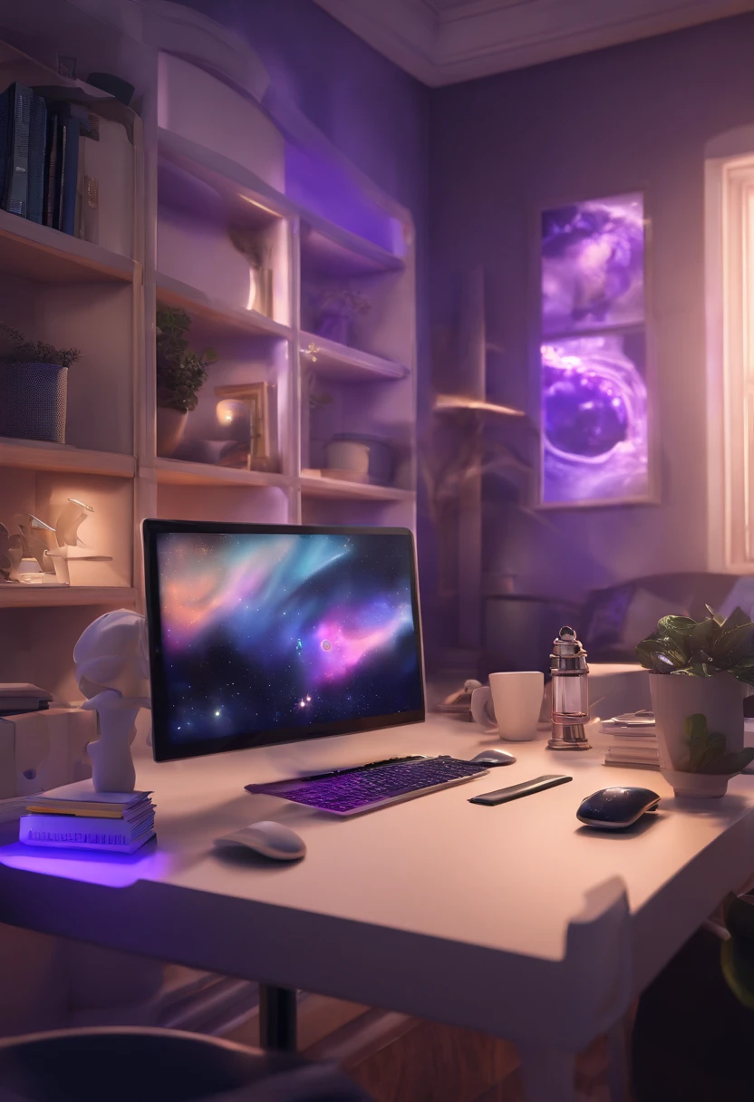 Personagem da Disney/Pixar capturando uma cena de um homem branco de 28 anos, magro, com cabelos castanhos ondulados, olhos castanhos, He's wearing a black hoodie with a white shirt underneath, no pulso um smartwatch, He's in front of the laptop, in a 3D scenario of a home office with blue and purple lights.