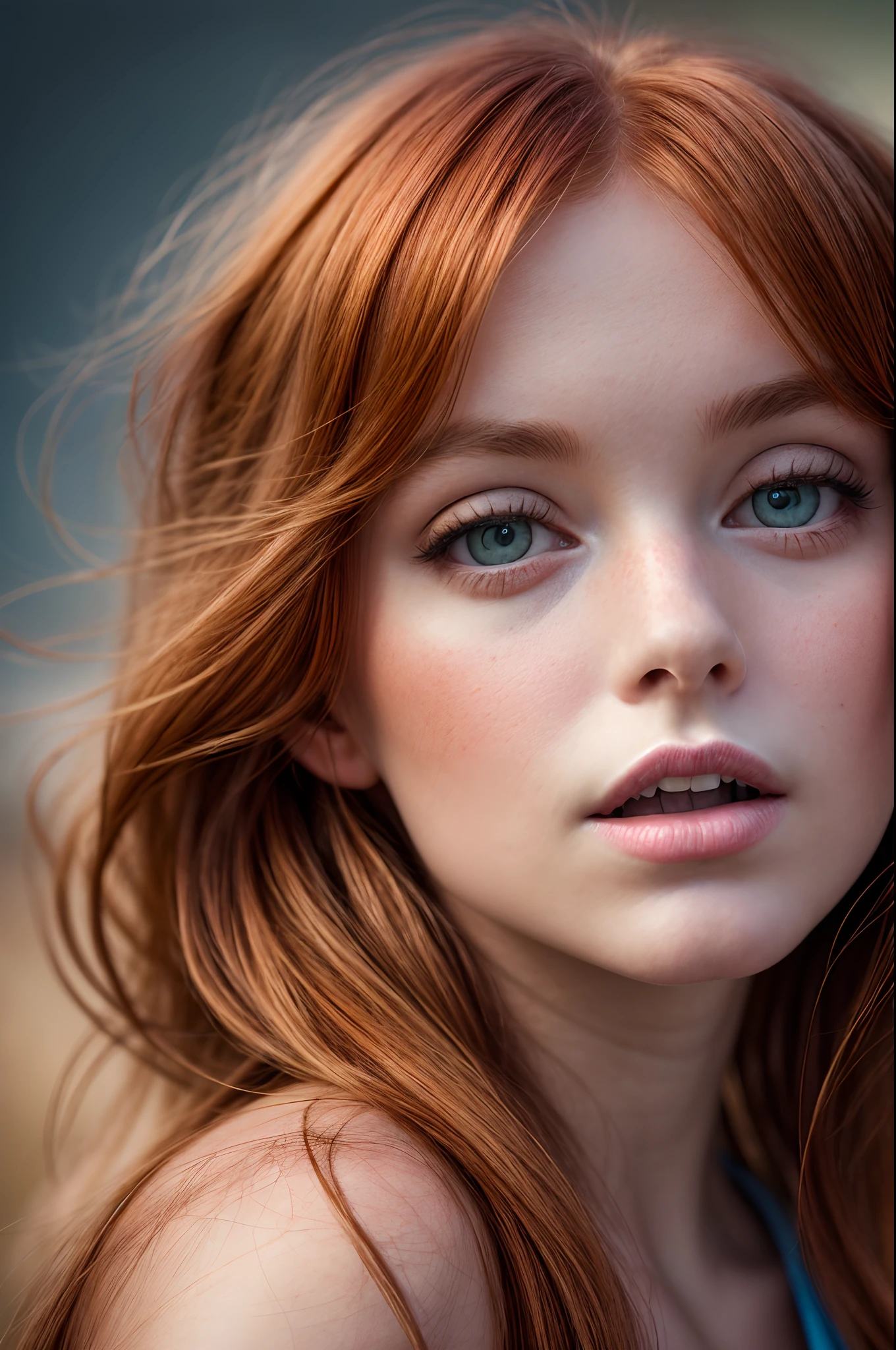 ((Rousse)) ((top view)) a portrait photograph of a beautiful (young) woman, award winning photo, best quality, portrait by annie leibovitz, canon 5d mark ii, film, professional photograph, (rich colors:1.1), hyper realistic, lifelike texture, (natural lighting:1.1), (Canon EF 85mm f/1.4L IS USM) ((open mouth)) ((angel))