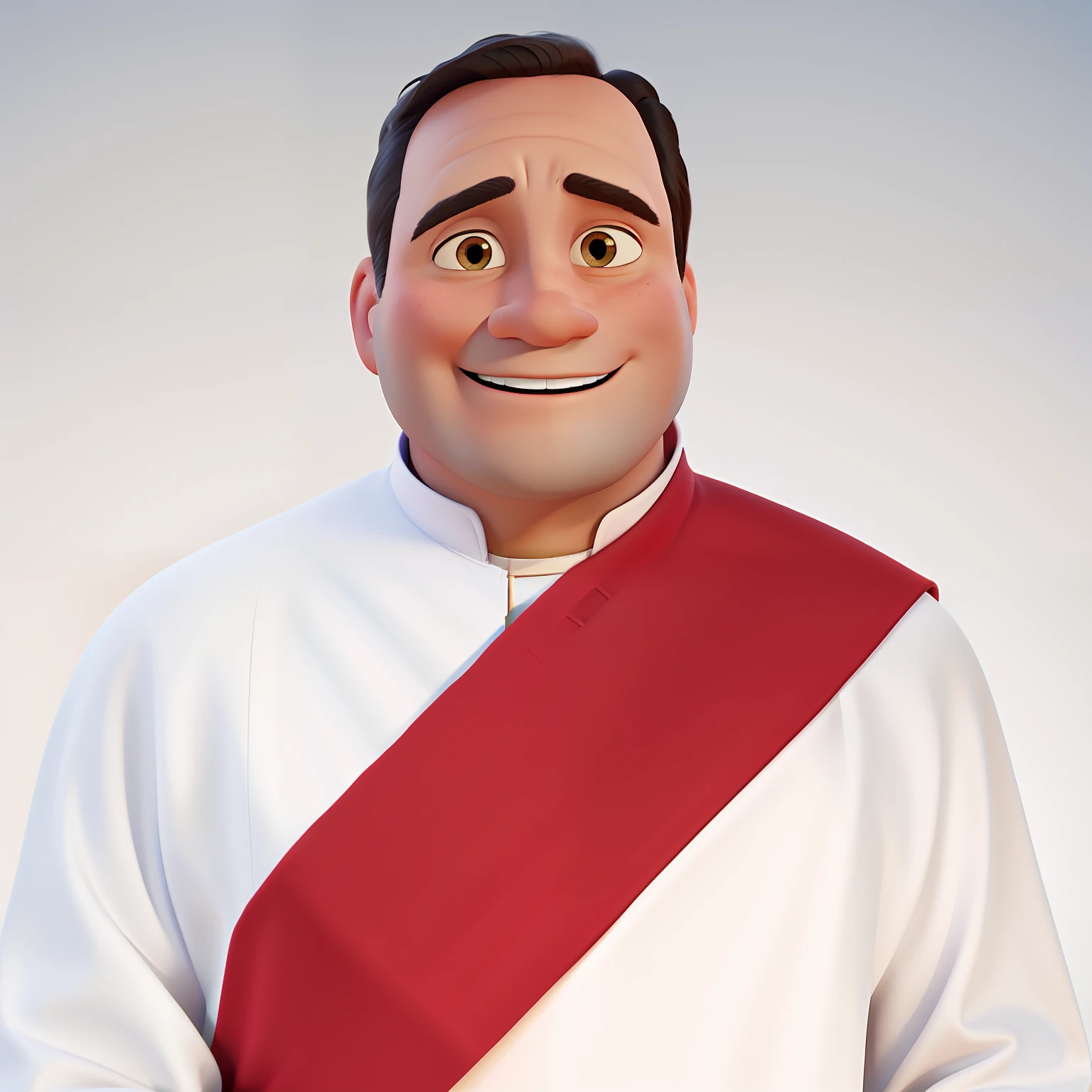 A permanent deacon of the Catholic Church, in Disney pixar cartoon style with a church in the background in a scene of joy and peace