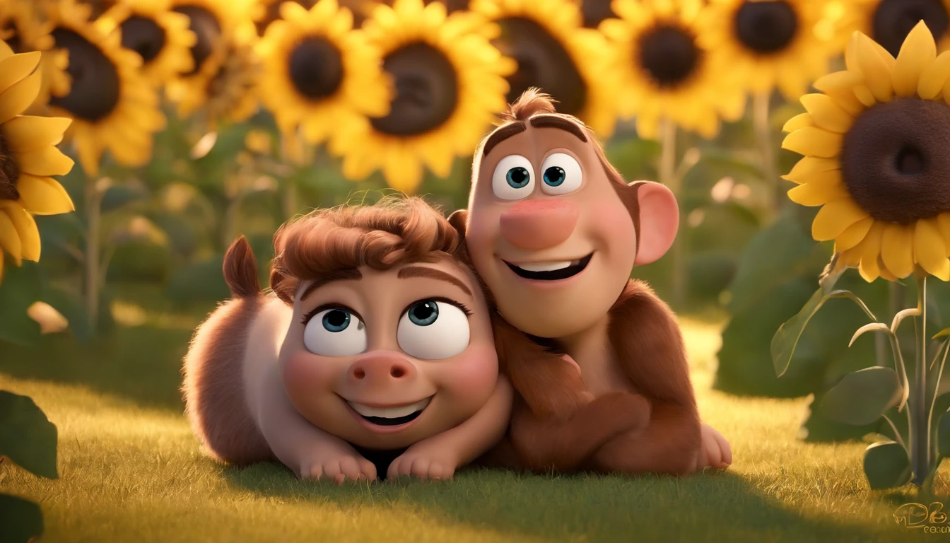 Create a Disney PIXAR-style 3D poster. ((centro da imagem, twins)), ((2 children)) ((2 meninos, They're hugging each other, O menino tem pele branca e cabelos castanhos escuros e olhos castanhos claro, 1 menino tem pele clara, olhos castanho claro e cabelo liso castanho claro)) By the side of babies, An adult mother, pele clara, cabelos longos e pretos, olhos castanhos claros ((tudo isso no estilo Disney PIXAR 3D, In the background, A house of sunflowers, Gloria Studio, The garden is full of nature 3D render RTX clay material, estilo de design cartunesco, POP Mart, soft lighting, linhas suaves, Spring tilt, Detailed illustrations of PIXAR 3D, Detalhes hiper-realistas, cor quente no estilo Disney PIXAR 3D))