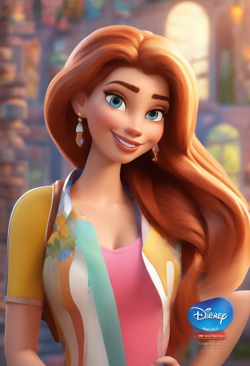 a Disney Pixar style 3D movie poster in high quality with the text "CEO em Empire Lives" Como uma mulher de cabelo loiro liso, feliz com cabelo curto, Blazer, T-shirts and arms crossed. vestindo um casaco branco, Brincos grandes, pulseiras e correntes e maquiagem Ao fundo trabalhando em um escritorio