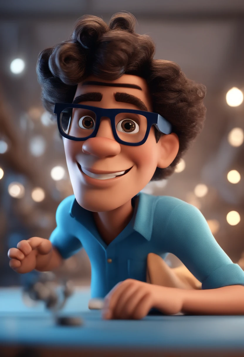 Cartoon character of a man with black glasses and a blue shirt, animation character, Caractere estilizado, animation style rendering, 3D estilizado, Arnold Maya render, 3 d render stylized, toon render keyshot, Personagem 3D, Personagem 3D, 3d rendering stylized, 3 d character render, personagem de desenho animado, Personagem de close up, Pose de personagem,  (Estilo Pixar) (master part:1.2) (Bokeh) (best quality) (pele detalhada) (textura detalhada) (8k) (argila) (Cinematic lighting) (foco nítido