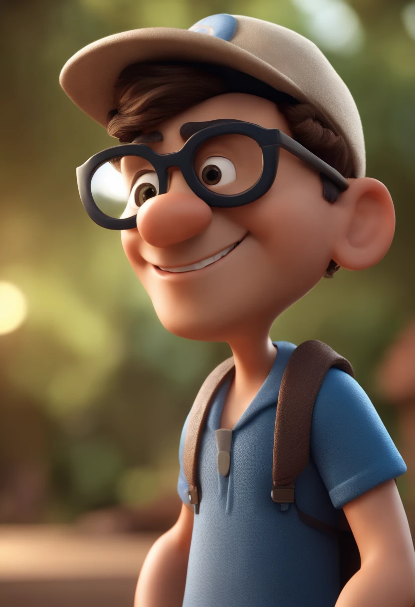 Cartoon character of a man with black glasses, cabelo cacheado marrom escuro e uma camisa azul, animation character, Caractere estilizado, animation style rendering, 3D estilizado, Arnold Maya render, 3 d render stylized, toon render keyshot, Personagem 3D, Personagem 3D, 3d rendering stylized, 3 d character render, personagem de desenho animado, Personagem de close up, Pose de personagem, (Estilo Pixar) (master part:1.2) (Bokeh) (best quality) (pele detalhada) (textura detalhada) (8k) (argila) (Cinematic lighting) (foco nítido