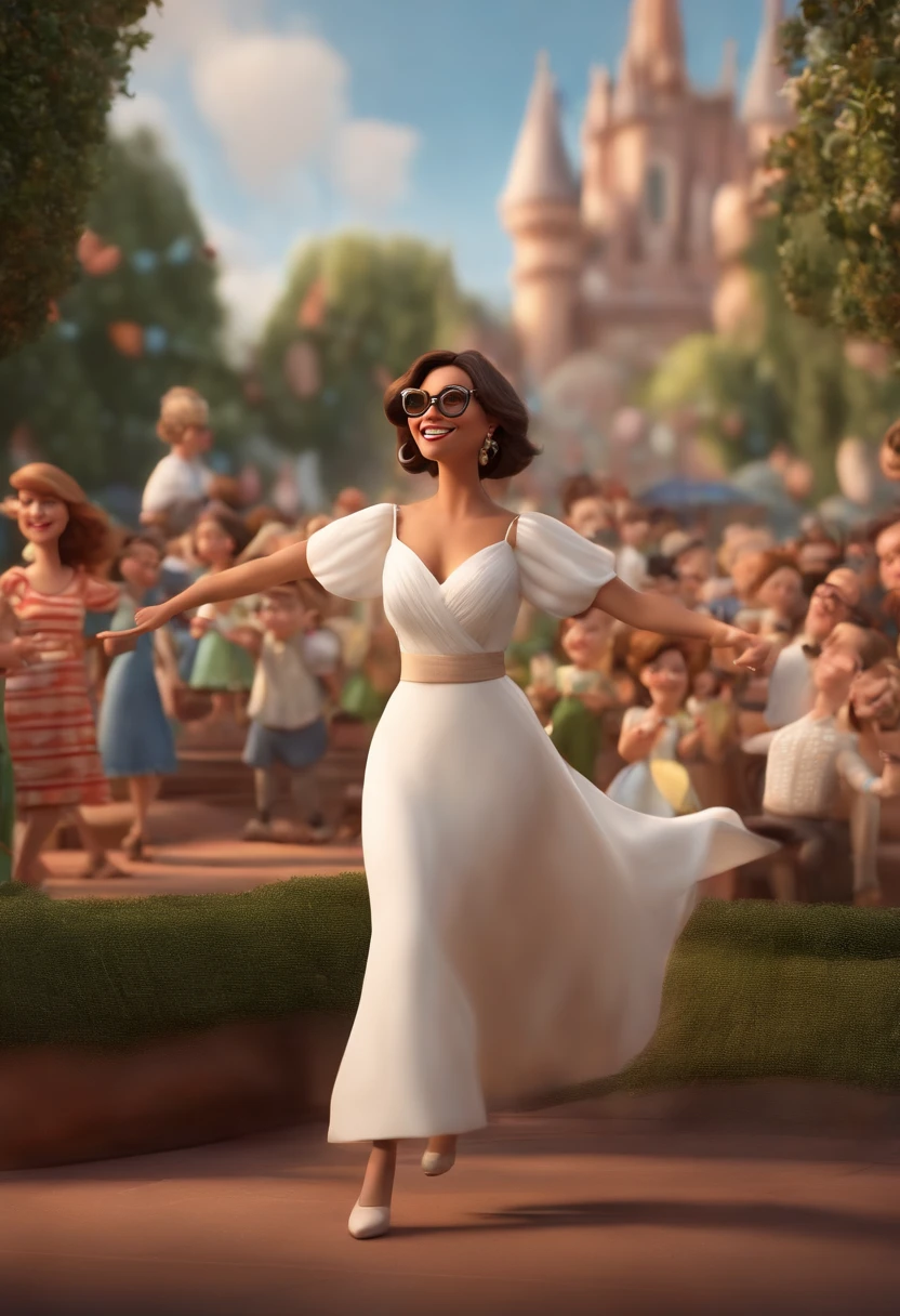 "(best quality,ultra-detalhado,Realistic:1.37),3D rendering,illustration,design de personagens,cabelos curtos e cacheados escuros,belos olhos detalhados,wearing white glasses,Estilo Pixar,morena mulher,Dancing on the Disney stage,atmosfera animada,vivid colors,luzes de palco,expression joyful"