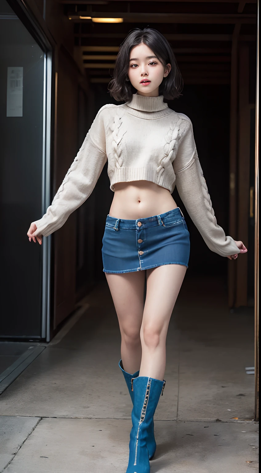 Sweaters、Denim Mini Skirt、full body Esbian、frontage、A slender、(masuter piece:1.3)、(8K、Photorealsitic、Raw photography、top-quality: 1.4)、(1girl in)、beautiful countenance、(Lifelike face)、(A dark-haired、short-hair:1.3)、Beautiful hairstyle、realisticeyes、Beautiful details、(real looking skin)、Beautiful skins、(Sweaters)、absurderes、enticing、超A high resolution、A hyper-realistic、high-detail、the golden ratio、((wide open abdomen))、((open abdomen))、((wide open navel))、((open navel))、((Bare belly))、((Mid-Riff Sweater))、((Mid-Riff Sweater))、((Ultra-low rise、Denim Mini Skirt))、 ((Navel Ejection))、((small hips))、((long limbs))、((Full body depiction))、((small hip))、(long boots)、((Ultra-low rise))、((Denim Mini Skirt))、((is standing))、 ((wide open abdomen))、((open abdomen))、((wide open navel))、((open navel))、((Bare belly))、((Mid-Riff Sweater))、((Ultra-low rise、Denim Mini Skirt))、 ((Navel Ejection))、((small hips))、((Full body depiction))、((small hip))、(boots)、((Ultra-low rise))、((Denim Mini Skirt))、((is standing))、
