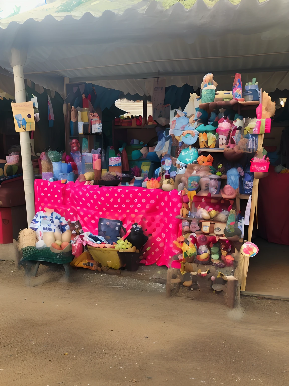 There is a small booth with many items, algumas barracas, bancas de mercado, Stand colorido do mercado, multiple items, crafts and souvenirs, olhando parcialmente para a esquerda, product exhibition, barraca de comida, Directed by: Lee Loughridge, Directed by: Joe Bowler, Fantastic seller interior, editing, um tiro largo e cheio, Foto tirada de longe, presenting wares, market setting