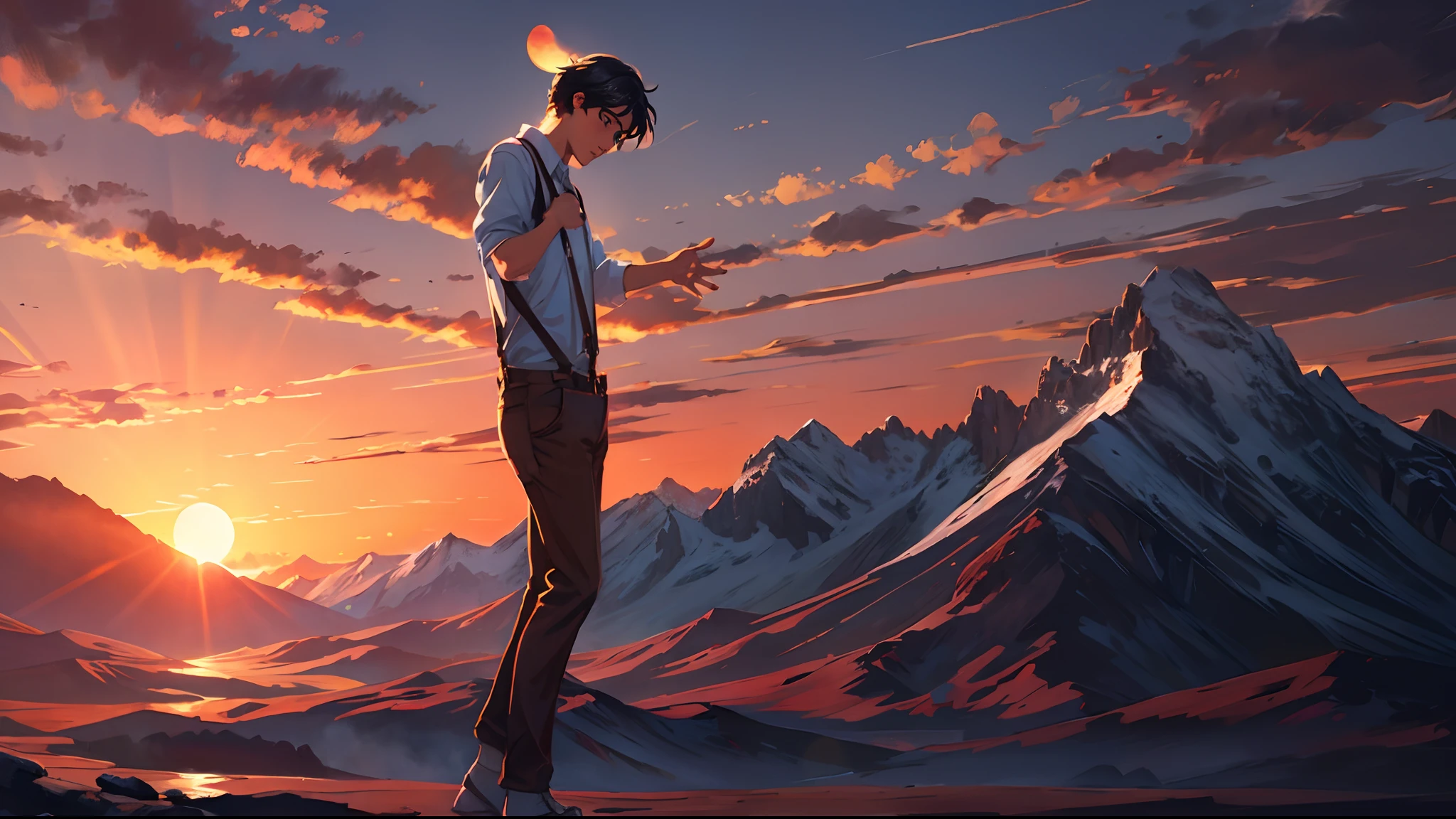 the sunset,eventide,Big Mountain,Medium short hair,Suspenders,two hand(The five fingers of human anatomy),Put your feet on the ground,Raise Hand,Boy student