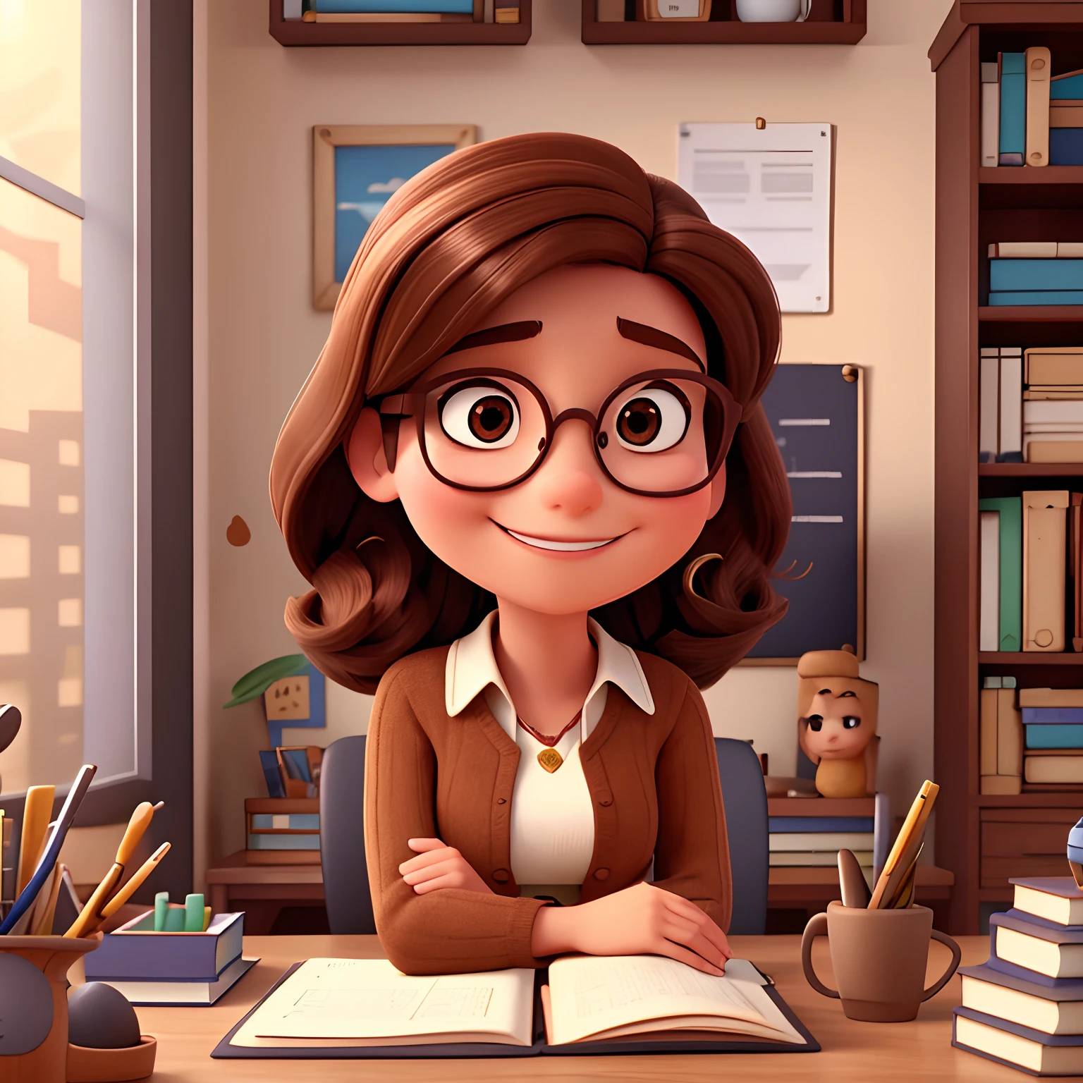Mulher descolada, inspirado na Disney Pixar. A brown-haired woman wearing glasses in an office with a book on the table, sorrindo. Vestido roupa descolada. Arte ao fundo no estilo mundo Pixar. Embaixo escrito Myrla