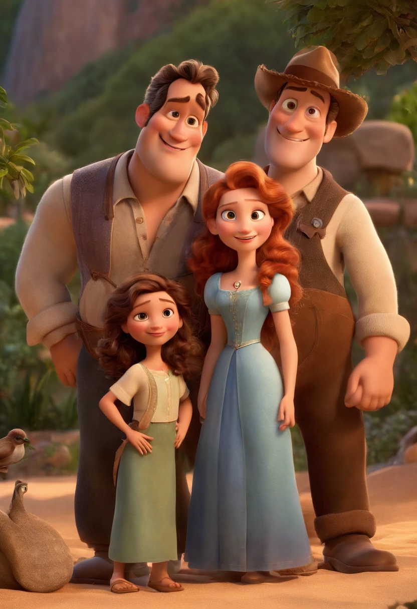 a Disney Pixar movie poster showing a white-skinned family. The father is the tallest, Tem barba curta, loiro, cabelos curtos e espinhosos. The mother has brown eyes and hair, shoulder-length and is slightly overweight. A menina tem 4 anos e cabelos castanhos, roupa rosa e rabos de cavalo. The background is a beach garden. 3D-rendering