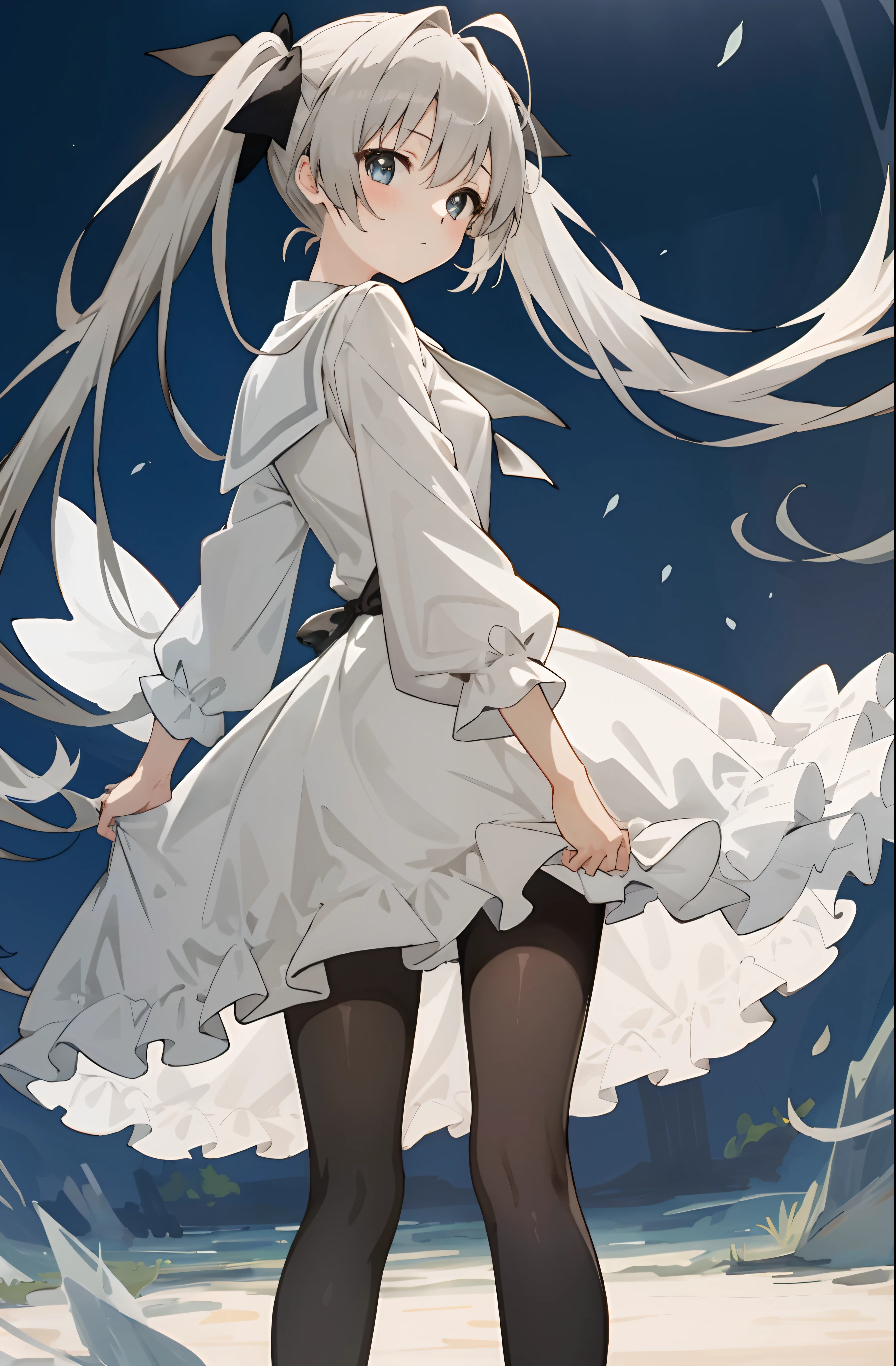 （Masterpiece，best qualtiy，A high resolution：1.5），1girl，high school senior，white skinned，Gray-black pupils，twintails，lacepantyhose，shift dresses，Delicate face，School Background，The light is bright，Sora Kasugano，Animated illustration style，pixiv popular