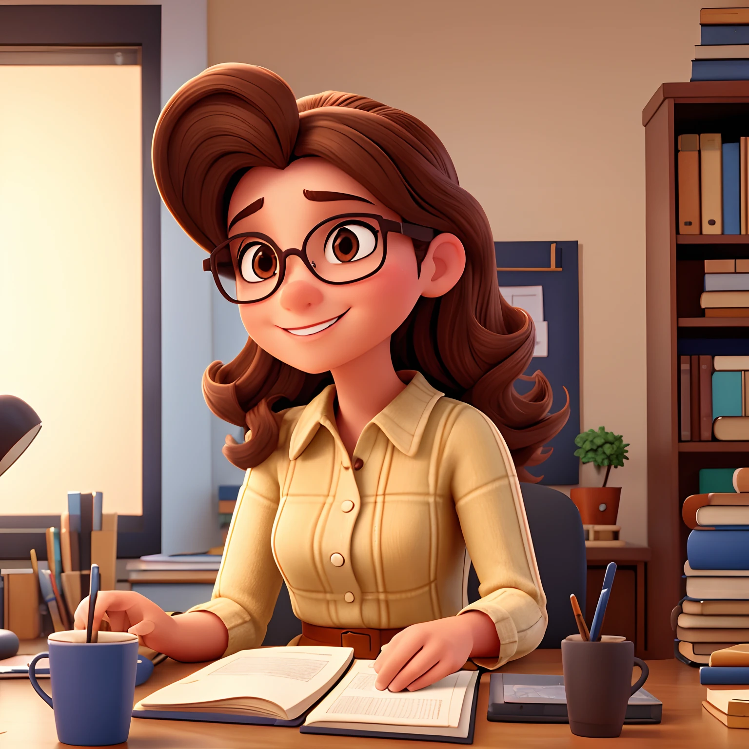 Mulher descolada, inspirado na Disney Pixar. A brown-haired woman wearing glasses in an office with a book on the table, sorrindo. Vestido roupa descolada. Arte ao fundo no estilo mundo Pixar. Embaixo escrito Myrla