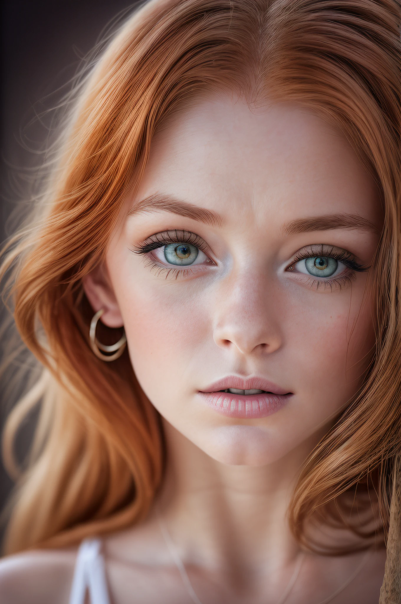 ((Rousse)) ((top view)) a portrait photograph of a beautiful (young) woman, award winning photo, best quality, portrait by annie leibovitz, canon 5d mark ii, film, professional photograph, (rich colors:1.1), hyper realistic, lifelike texture, (natural lighting:1.1), (Canon EF 85mm f/1.4L IS USM) ((open mouth)) ((angel)) (((heart drawing in eyes))) (((thong)))