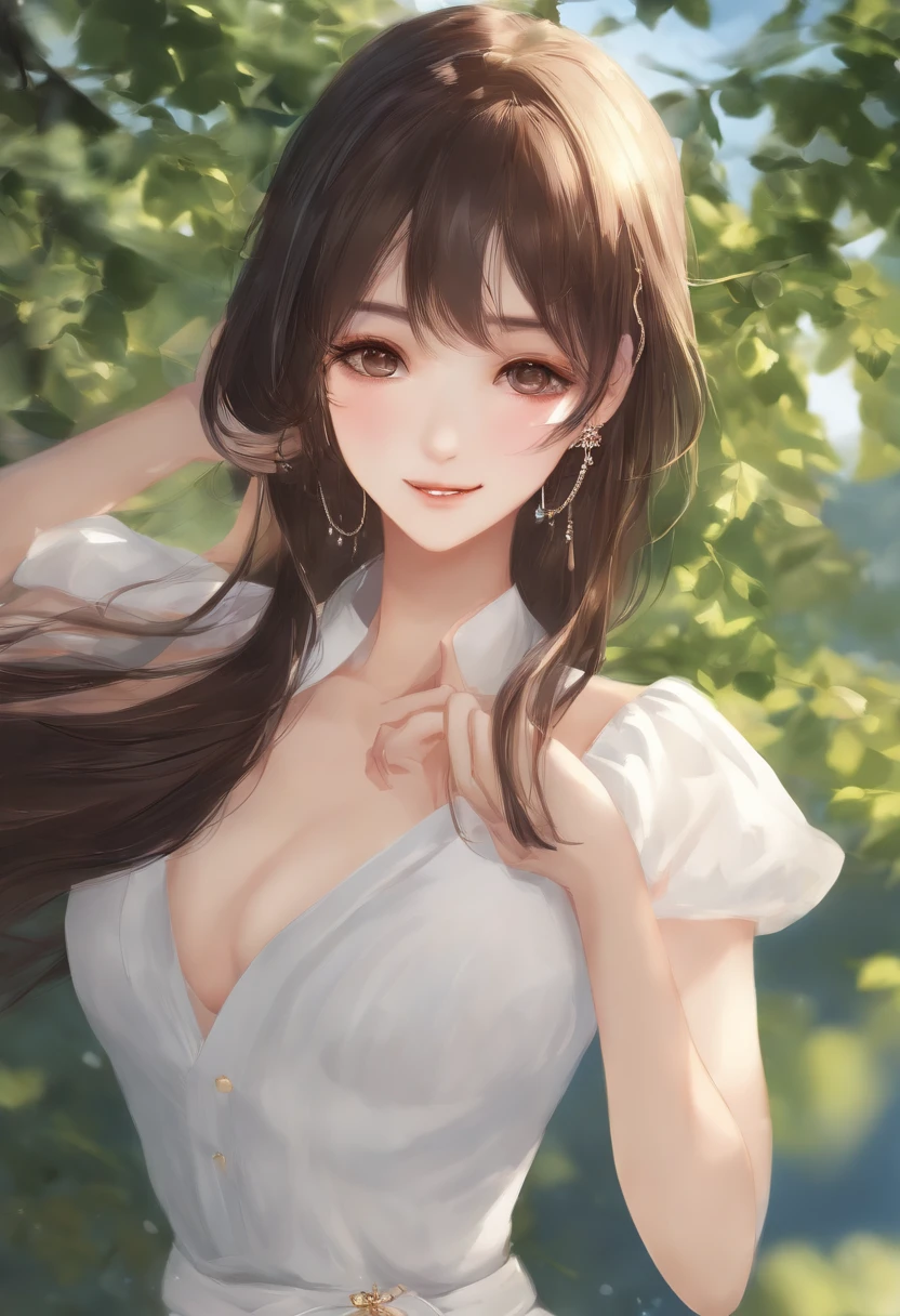 (masutepiece), (Best Quality), (Super Detail), (disheveled hair), (Illustration), (1 girl), (interview), (Brief background), Beautiful detailed eyes, Delicate beautiful face, floating, (High color saturation), (shine), Focus on Face, Black hair, Bangs, Full smile, Floating hair. girl, Maiden in Love, pixiv illustration, of the highest quality, super detailed, Smile, clever, Beautiful face, 4K, Nature, The tree々Sunlight coming in from between,