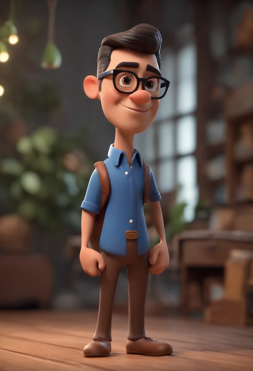 Cartoon character of a man wearing black glasses and a blue shirt, um personagem animado, Caractere estilizado, animation style rendering, 3D estilizado, Arnold Maya render, 3 d render stylized, toon render keyshot, Personagem 3D, Personagem 3D, 3d rendering stylized, 3 d character render, personagem de desenho animado, Personagem de close up, Pose de personagem, (Estilo Pixar) (master part:1.2) (Bokeh) (best quality) (pele detalhada) (textura detalhada) (8k) (argila) (Cinematic lighting) (foco nítido,Senta e vaza a parte superior do corpo