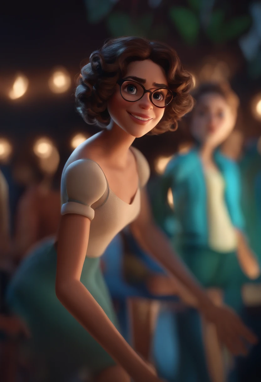 Pixar style image with 3D character white glasses brunette woman short curly hair dancing, Maquiagem Disney,Pescador, bonitinho, sorridente ,Close-up, Pixar, Disney, Cinema lighting,