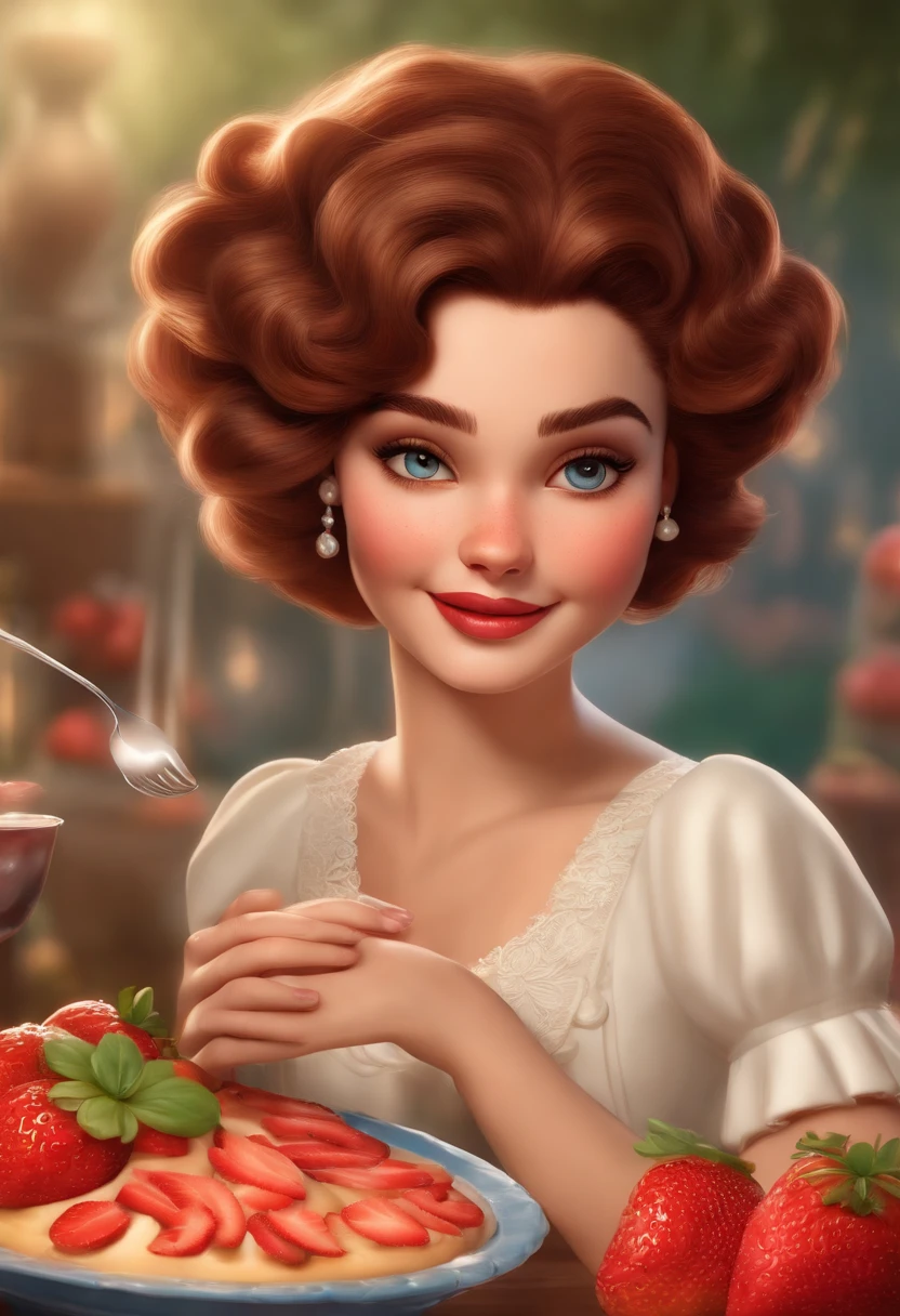 uma menina confeitando um bolo com morangos Morena cabelo liso Chanel sorridente Cartoon,short hair, semente de rosto redondo:2164122919 Disney, bolo morango