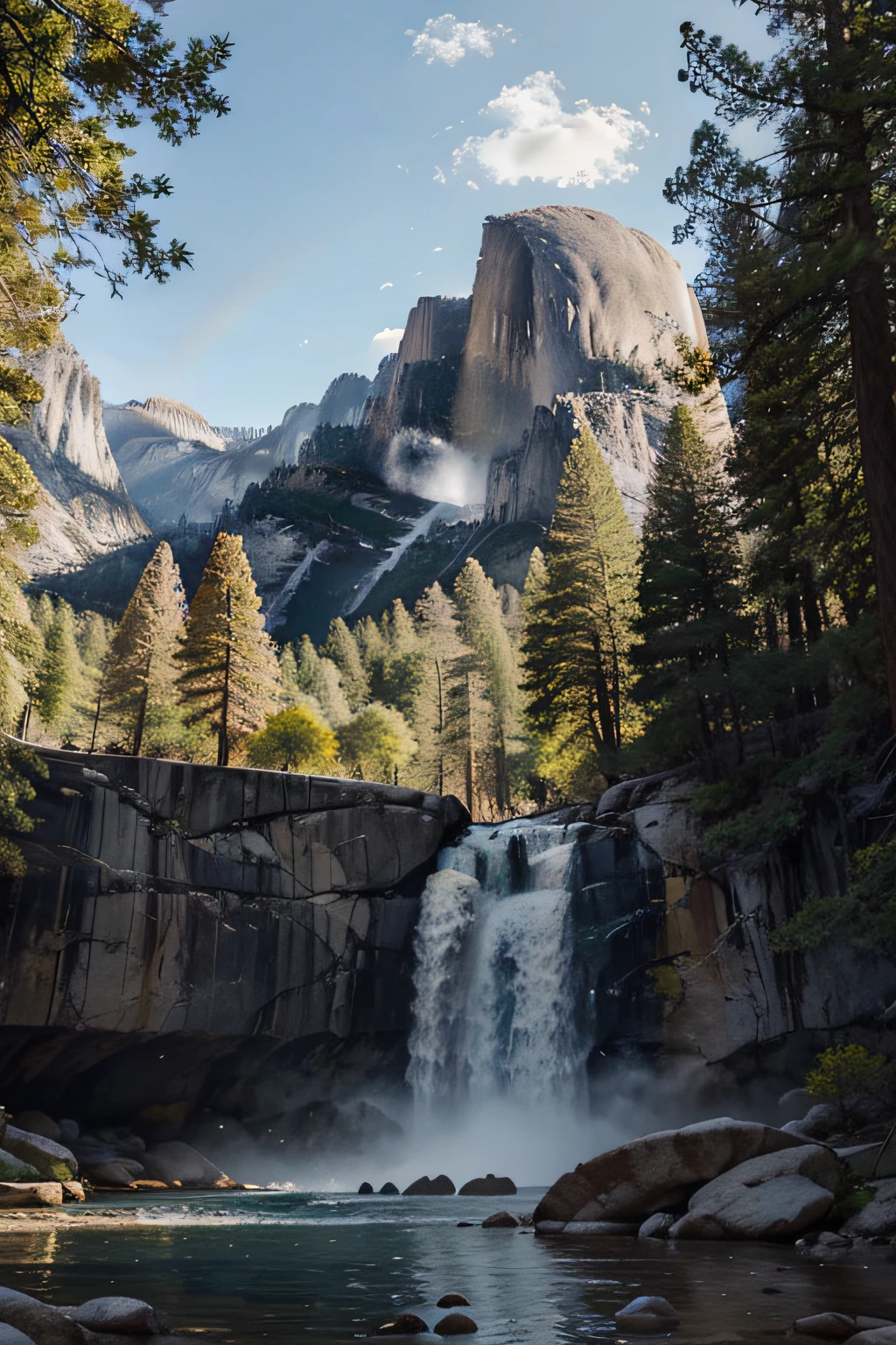 Hello! Can you paint a picture of the hidden beauty of Yosemite National Park?? All I want is the park's main attraction, El Capitan., Half Dome, And Bridalvale Falls is an all-inclusive view.
El Capitan: This massive granite boulder is one of the park's symbols. Capture the majesty of the rocks and the green pine trees and mountain evergreens around them in your paintings.
Half Dome: This semicircular rock formation is also an important attraction in Yosemite. In the picture, emphasize the soaring figure towards the sky.
Bridalvale Falls: The height of the waterfall and the cool stream flowing beneath it, Also, it would be nice if you could include the appearance of the rainbow.
As for the style, make the most of the vibrancy of nature. And so that the painting can show the change of seasons well, I would be grateful if you could draw a mix of spring and autumn scenery. The size of the picture should fit the large canvas., Draw meticulously down to the details."