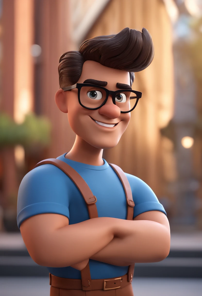 Cartoon character of a man with black glasses and a blue shirt, animation character, Caractere estilizado, animation style rendering, 3D estilizado, Arnold Maya render, 3 d render stylized, toon render keyshot, Personagem 3D, Personagem 3D, 3d rendering stylized, 3 d character render, personagem de desenho animado, Personagem de close up, Pose de personagem, (Estilo Pixar) (master part:1.2) (Bokeh) (best quality) (pele detalhada) (textura detalhada) (8k) (argila) (Cinematic lighting) (foco nítido