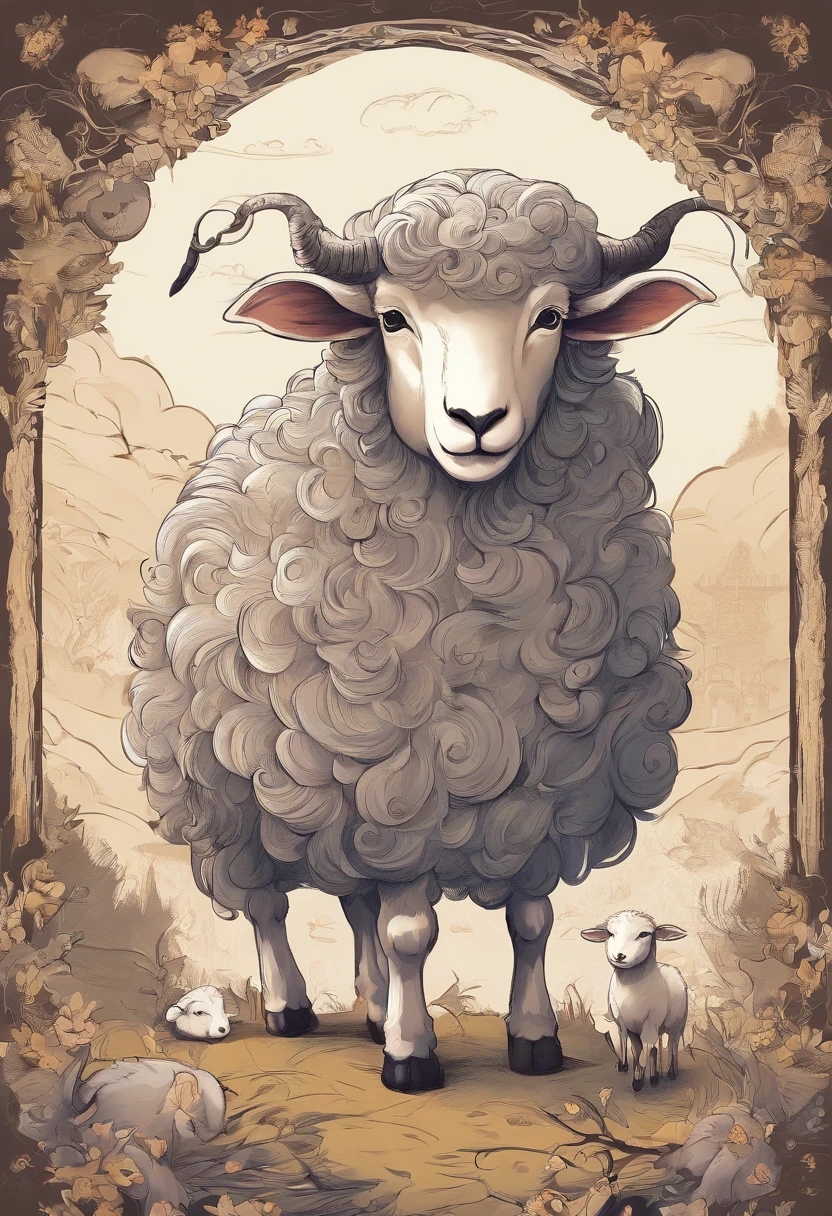 Mianyang illustration，Big sheep with small sheep，adolable，cartoony，Fairytale