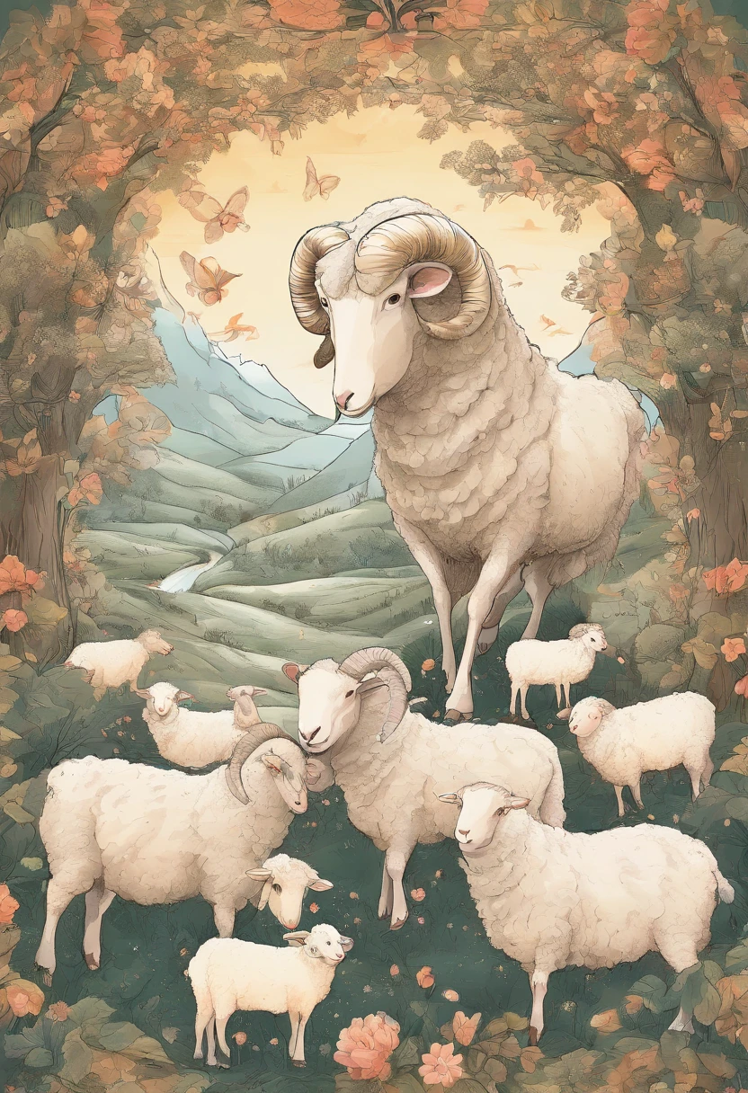 Mianyang illustration,Big sheep with small sheep,adolable,cartoony,Fairytale