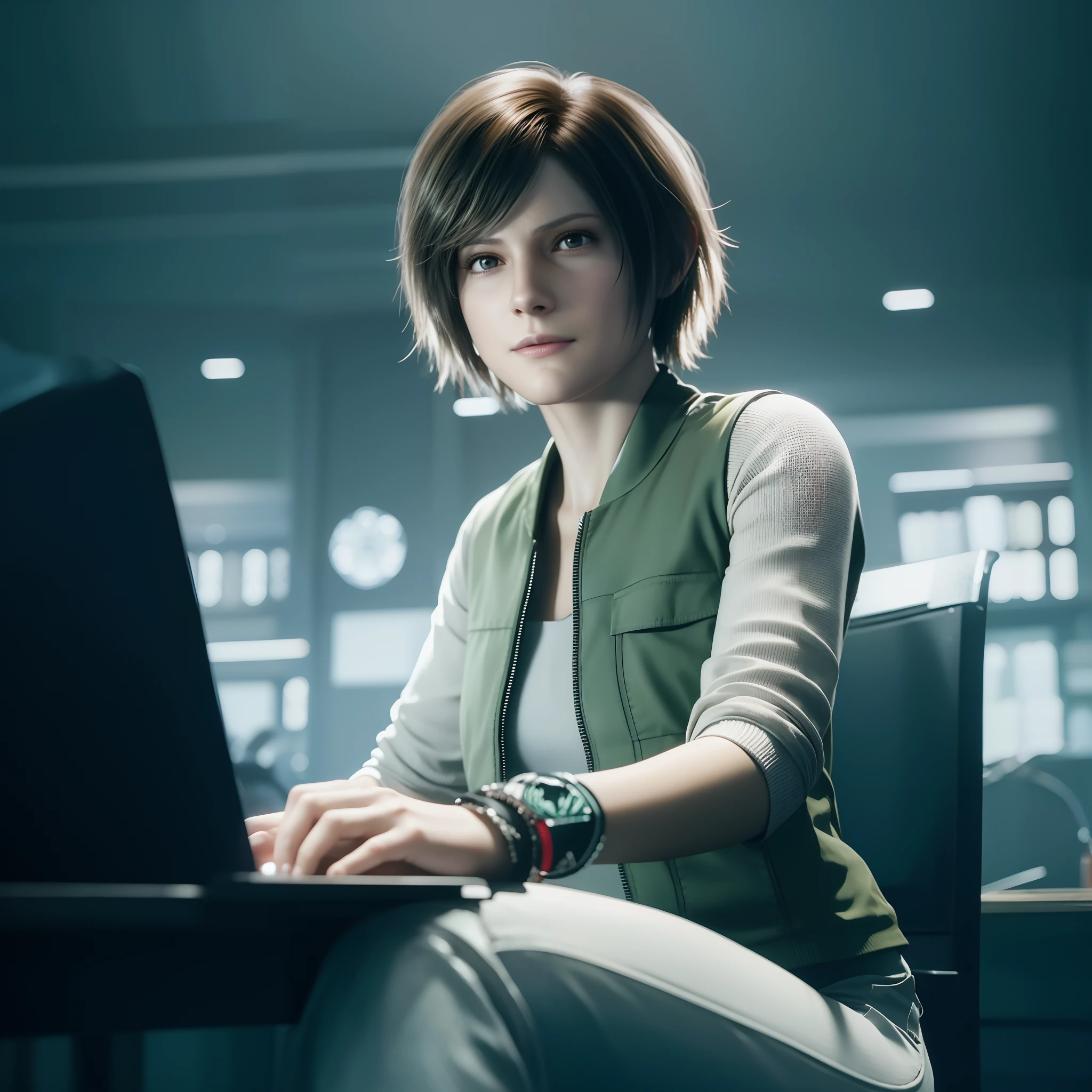 beautiful face, glare, little smile, short bob brown hair, perfect face, Rebecca chamber from resident evil
