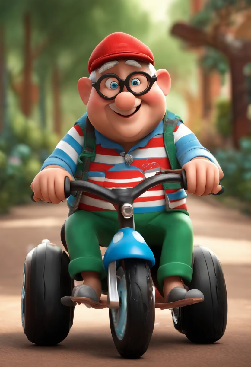 Disney-Pixar-a-chubby-blue-eyed grandpa in glasses and cap on his red motorized tricycle green and white striped t-shirt with pockets
