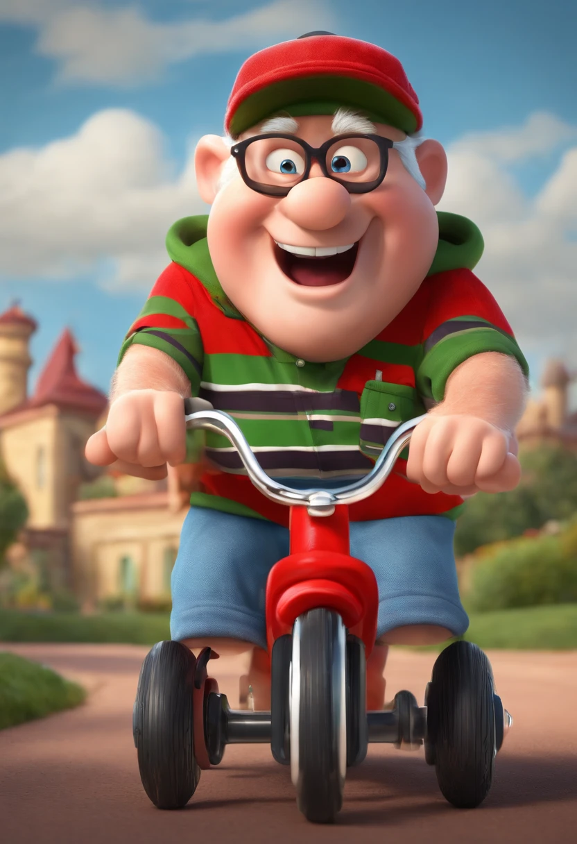 Disney-Pixar-a-chubby-blue-eyed grandpa in glasses and cap on his red motorized tricycle green and white striped t-shirt with pockets