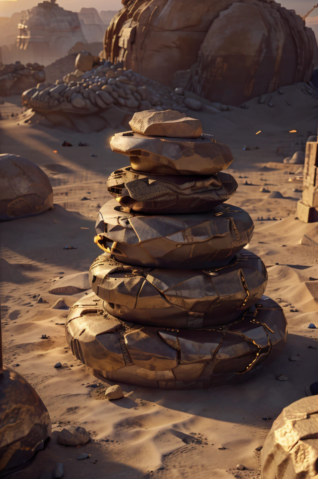 There is a pile of stones in the desert,Vision,Dramatic lighting with 8K resolution,Qin Qin,8K HDR sunset lighting,Highly detailed 8K resolution,8 K view lens,Glamorous 8K HDR、intricate highly detailed 8 k、8 K of the detail height、Highly detailed 8K、Voice detail 8K
