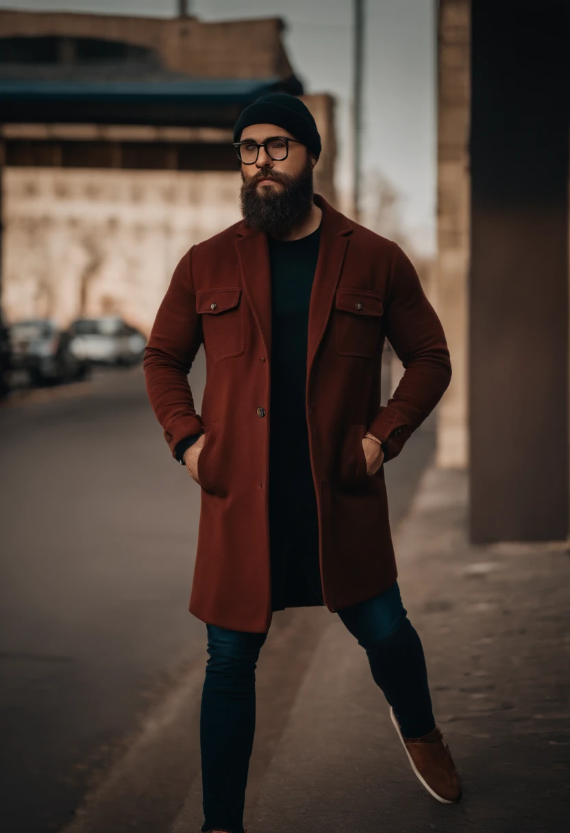 Homem gordo, 24 anos, eyeglass, bonnet, barba grande, standingn, corpo inteiro, fotografia, rua escuro, 8k, realismo, roupas inverno, basquete