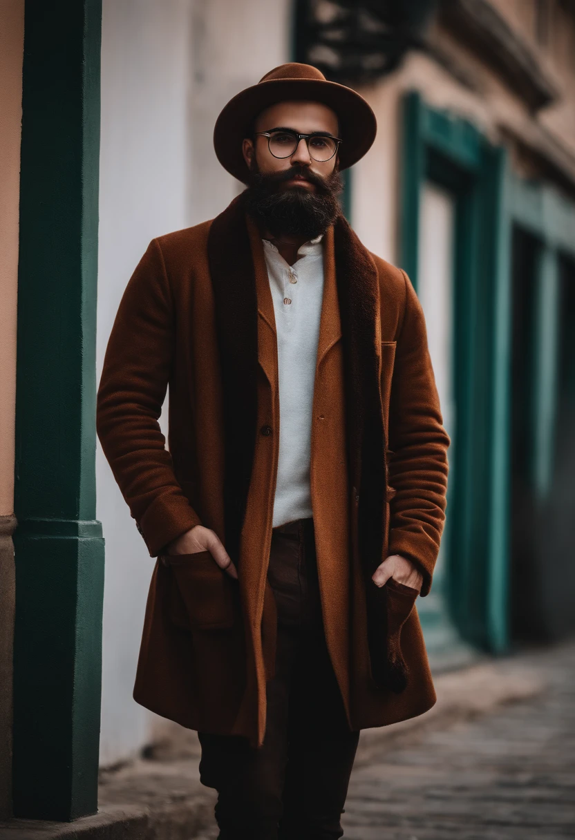 Homem gordo, 24 anos, eyeglass, bonnet, barba grande, standingn, corpo inteiro, fotografia, rua escuro, 8k, realismo, roupas inverno, basquete