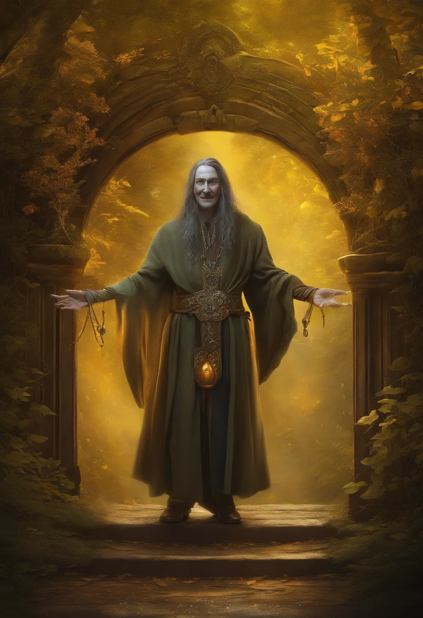masutepiece, Best Quality, High quality, 1boy, Digital Painting, Gatekeeper of prompts, gatekeeper, keys, portal, Fantasy, Fine Art, Digital Art, Magical, Mystical, Ethereal, Unique style, highly textured, Intricate details, Vibrant colors, ((by J.r.r. TOLKIEN, by Salvador Dali, by Brian Froud)), absurderes, Dynamic Pose, Vigilant Stance, gate, Fantasy Art, Magic, protector, Surreal, symbolic, (grinning evily, grin), Yellow eyes