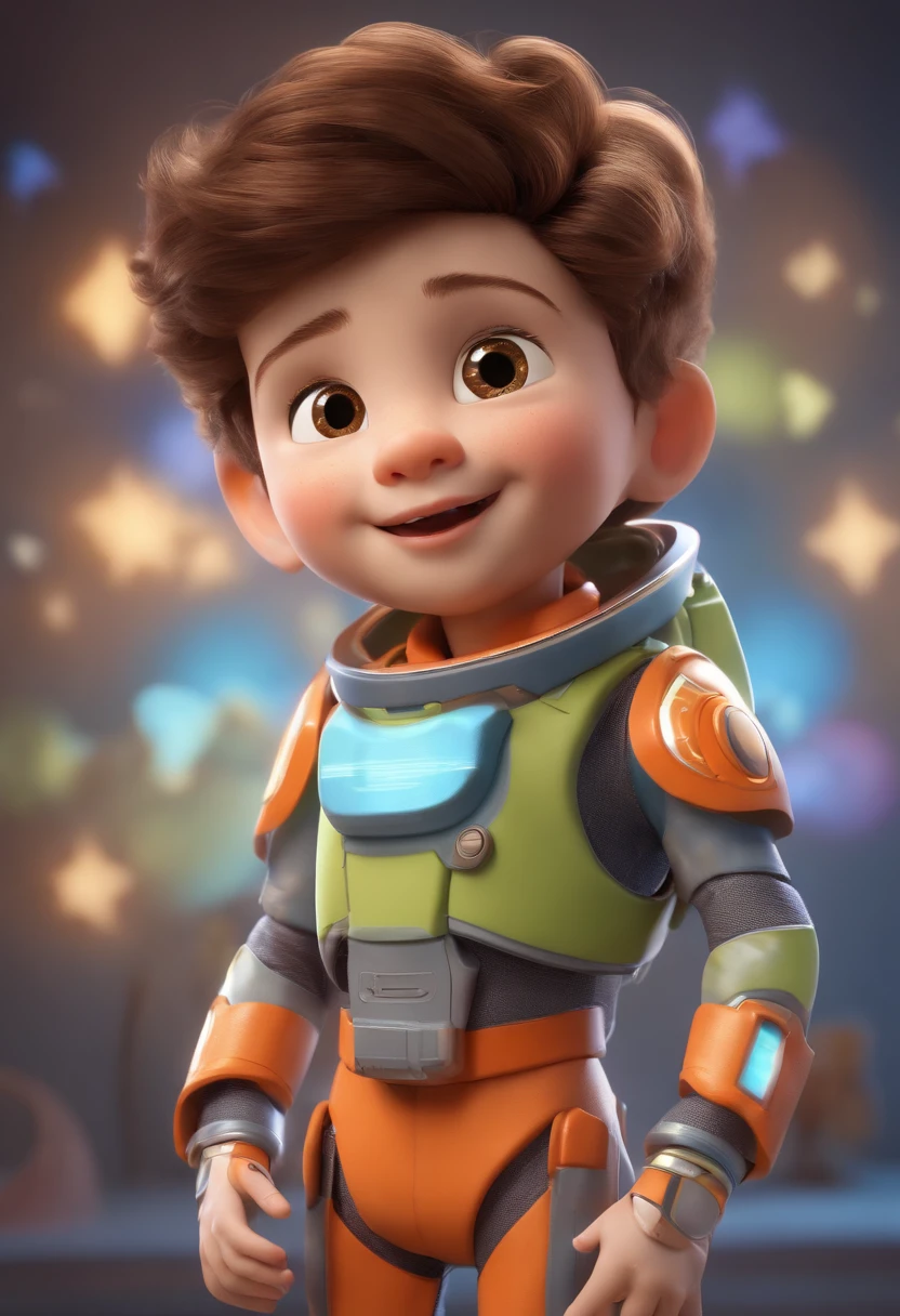 A happy cute ??? wearing a space costume, standing in front of a white background. The ??? has short hair and a charming smile. The costume is vibrant and full of colors, resembling the style seen in Pixar movies. The overall scene has a cartoony and whimsical feel, with detailed facial features and an asymmetrical design. The image is rendered in 3D, showcasing high-resolution details and textures.
