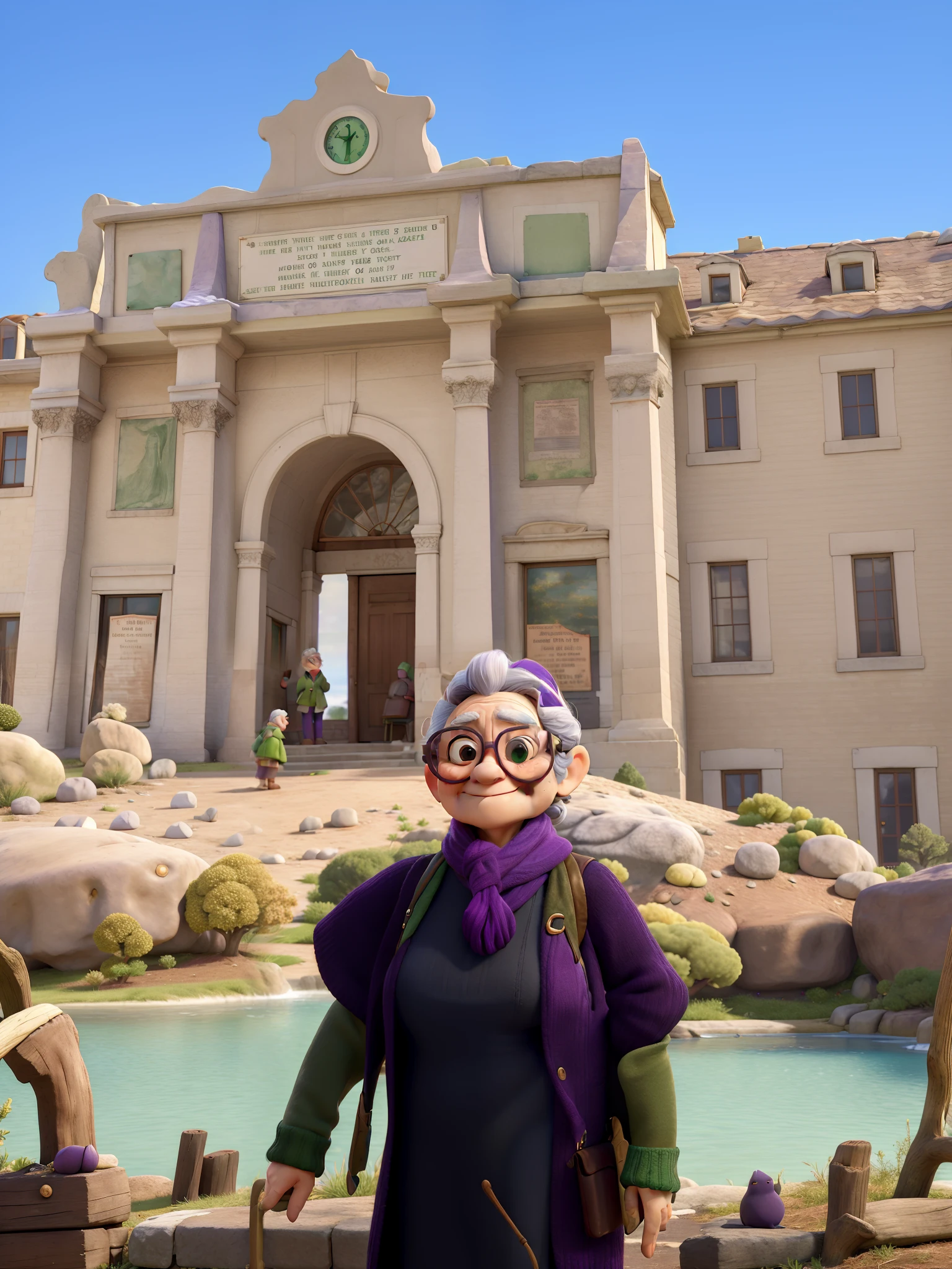 masterpiece, best quality, an old woman with glasses and a scarf on, wearing a purple coat and green scarf, standing at the park