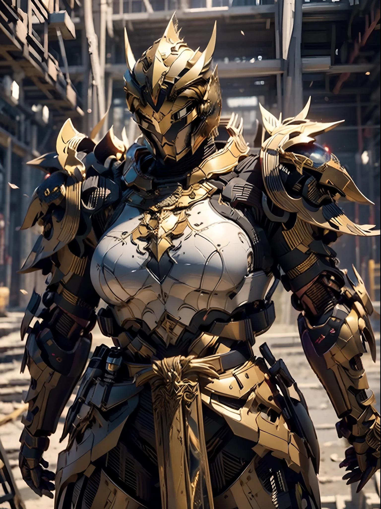 a beautiful golden-greek-armored warrioress, jet-black hair, spartan helmet, muscular, huge and heavy breasts, looking at viewer, modelshot pose, masterpiece, best quality, 8k, blurred background, medieval fantasy castle in the background