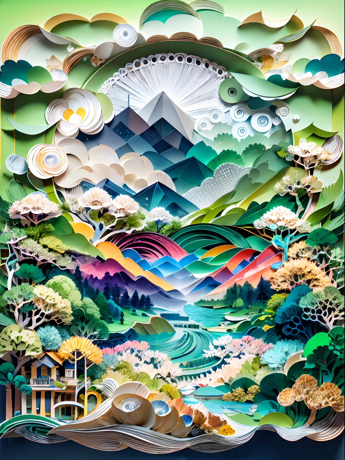 (with blue sky and white clouds,Green Mountains and Green Water,terraced),((arte em papel cortado,layered paper art,Flat paper cutout,Stacked,Hollow-out on,3Drenderingof))