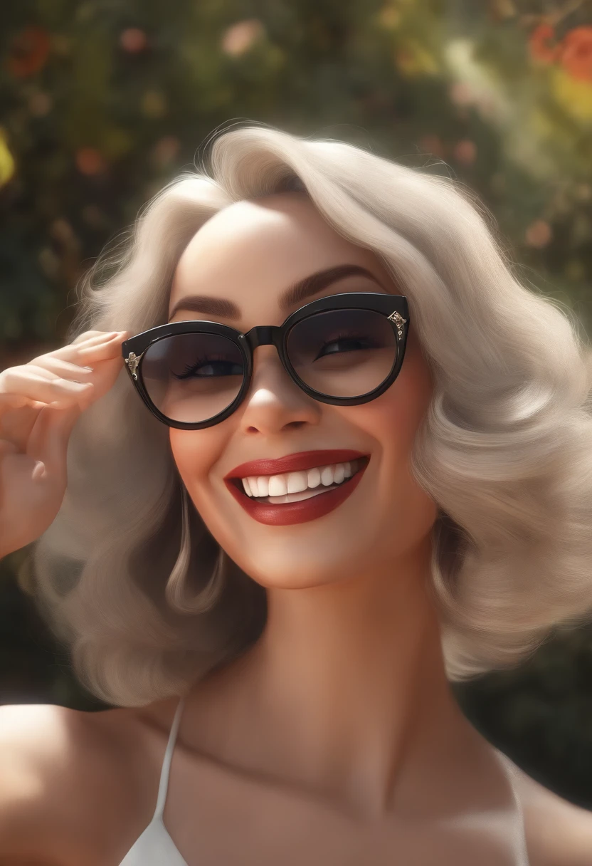 "(best quality,ultra-detalhado,Realistic:1.37),3D rendering,illustration,design de personagens,cabelos curtos e cacheados escuros,belos olhos detalhados,wearing white glasses,Estilo Pixar,morena mulher,Dancing on the Disney stage,atmosfera animada,vivid colors,luzes de palco,expression joyful"