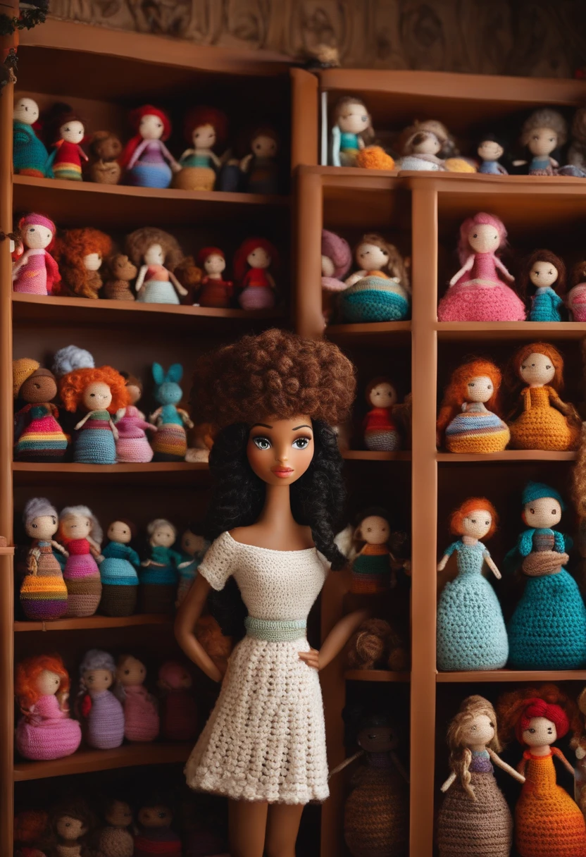 mulher branca, cabelos longos e pretos, Dressed Clothes Crocheting in Her Atelier, com o plano de fundo de novelos e fios de croche, Shelves with amigurumi doll creations, estilo disney pixar, alta qualidade, melhor qualidade
