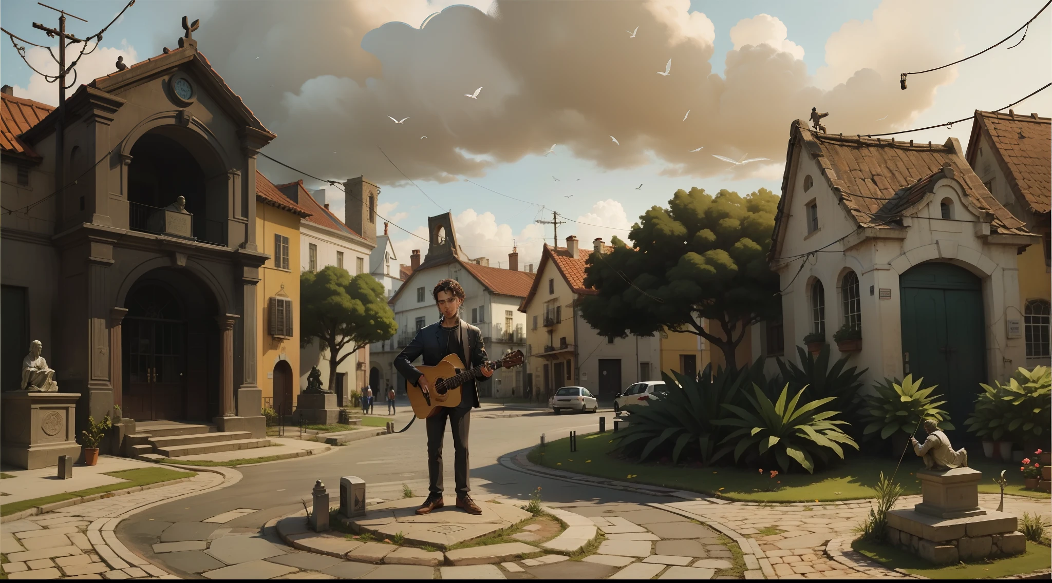 Recriar sendo fiel aos detalhes, place a statue in the center of the village of a young man with the guitar em homenagem a esse cantor , tendo uma placa com o nome dele que era : Rodrigo Fernandes