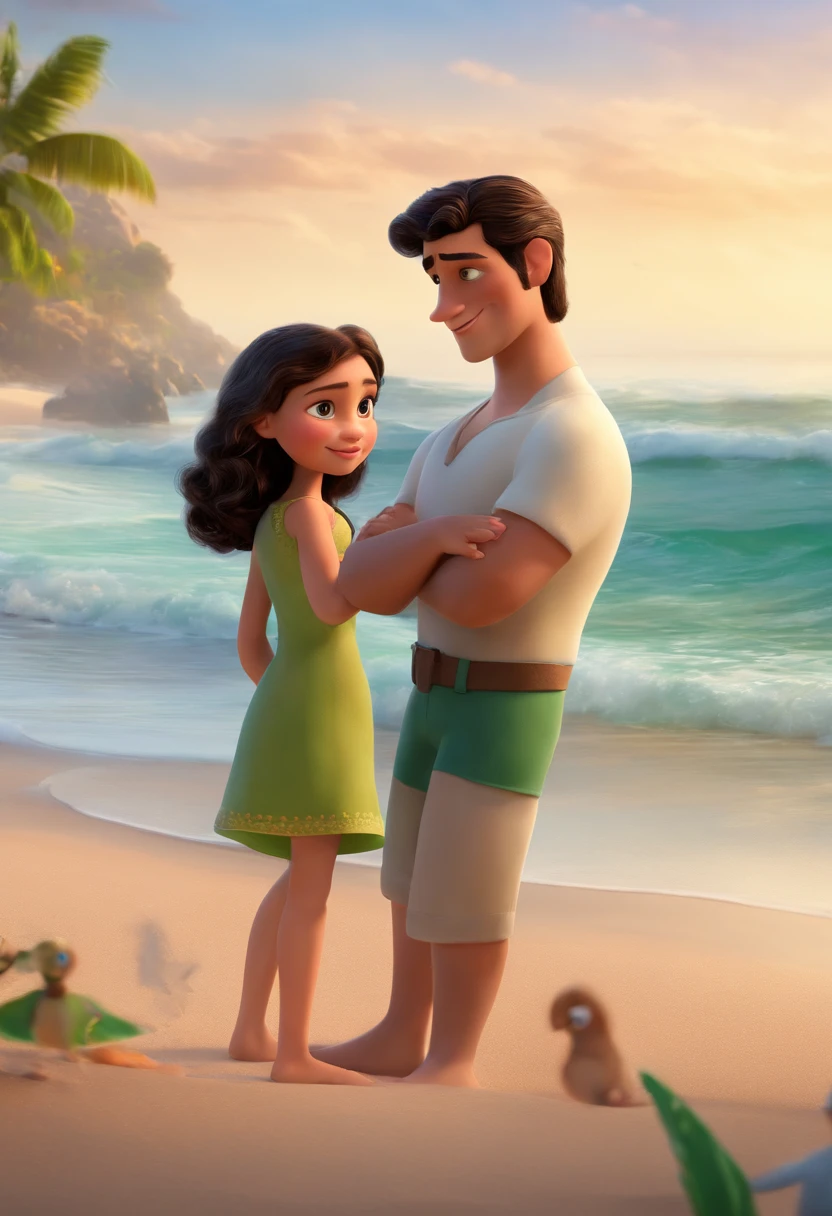 3d Pixar Disney Couple 1 Son Man Black Hair Without Beard White Woman Green Eyes Brown Hair White Green Eyes Brown Hair On The Beach Dofinhos