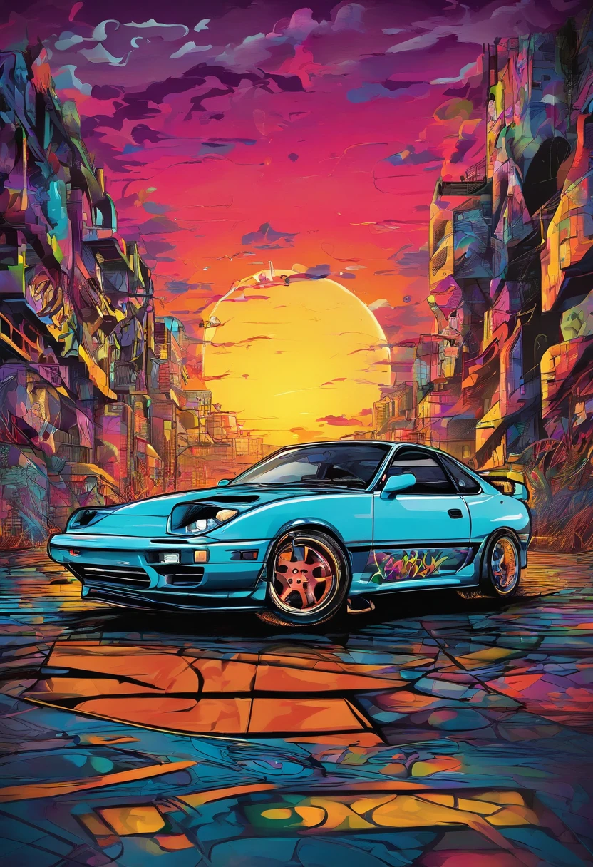 (nvinkpunk:1.2) (snthwve style:0.8) VAL1 mk4Supra VAL2, lightwave, sunset, intricate, highly detailed