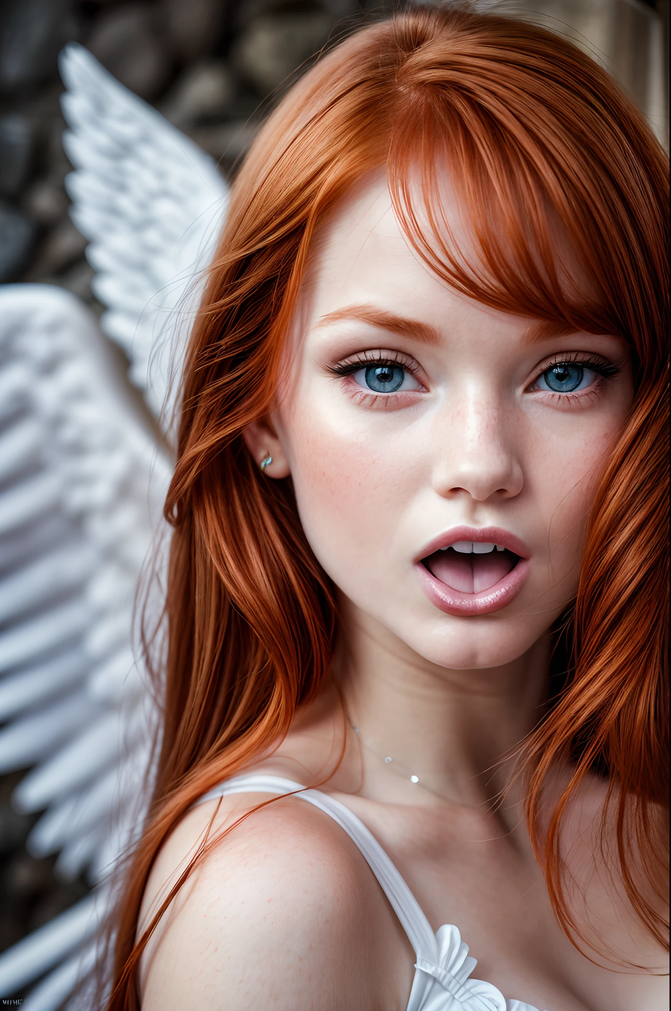 (((Rousse))) ((top view)) a portrait photograph of a beautiful (young) woman, witrh ((heart shape pupil)) and show her ((tongue)) award winning photo, best quality, portrait by annie leibovitz, canon 5d mark ii, film, professional photograph, (rich colors:1.1), hyper realistic, lifelike texture, (natural lighting:1.1), (Canon EF 85mm f/1.4L IS USM) ((open mouth)) ((angel)) (top view) ((send a kiss))