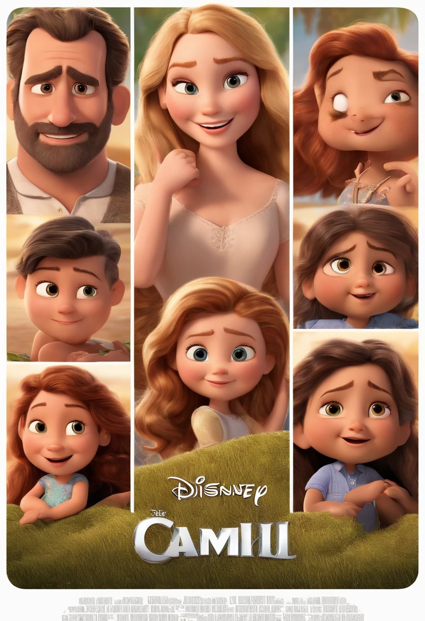 a Disney Pixar movie poster showing a white-skinned family. The father is the tallest, Tem barba curta, loiro, cabelos curtos e espinhosos. The mother has brown eyes and hair, shoulder-length and is slightly overweight. A menina tem 4 anos e cabelos castanhos, roupa rosa e rabos de cavalo. The background is a beach garden. 3D-rendering