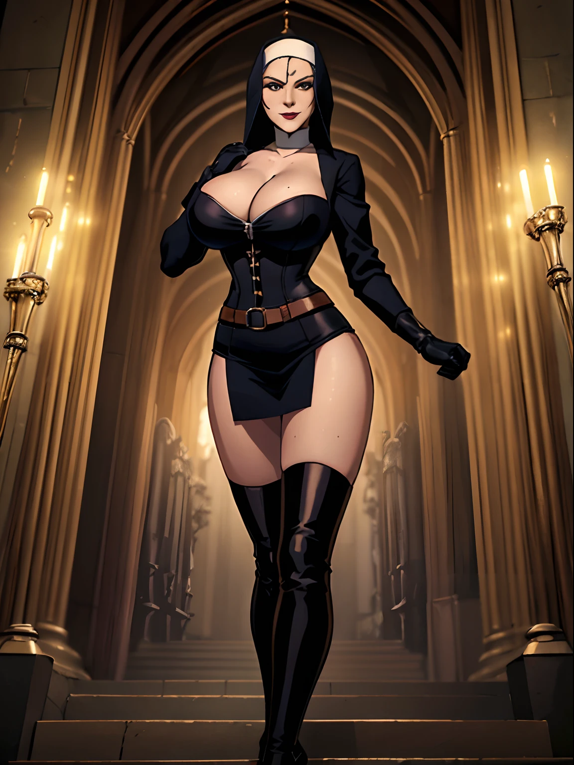 (masterpiece, top quality, best quality, official art, beautiful and aesthetic:1.2), (1girl:1.3), light freckles, fair skin, extremely detailed, portrait, looking at viewer, solo, (full body:0.6), detailed background, close up, (dark gothic theme:1.1), nun with guns, charlatan, smirk, mysterious, swaggering through cathedral, modest attire, black habit, cowl, nun hood, wimple, thigh-high boots, corset, leather straps, ammunition pouches, long boots, submachineguns, SMGs, MP5s, thigh pouches, holsters, garters, ((((gigantic breasts)))), slim waist, slim hips, long legs, modern (cathedral exterior:1.1) background, dark mysterious lighting, shadows, magical atmosphere, dutch angle,