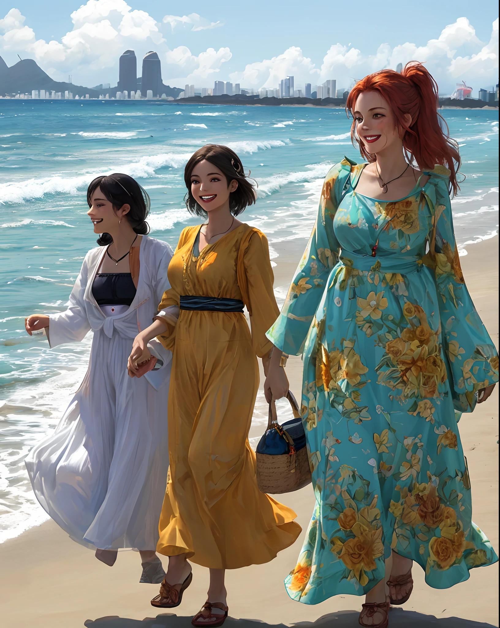 Mulher caminhando e sorrindo na praia do rio de janeiro