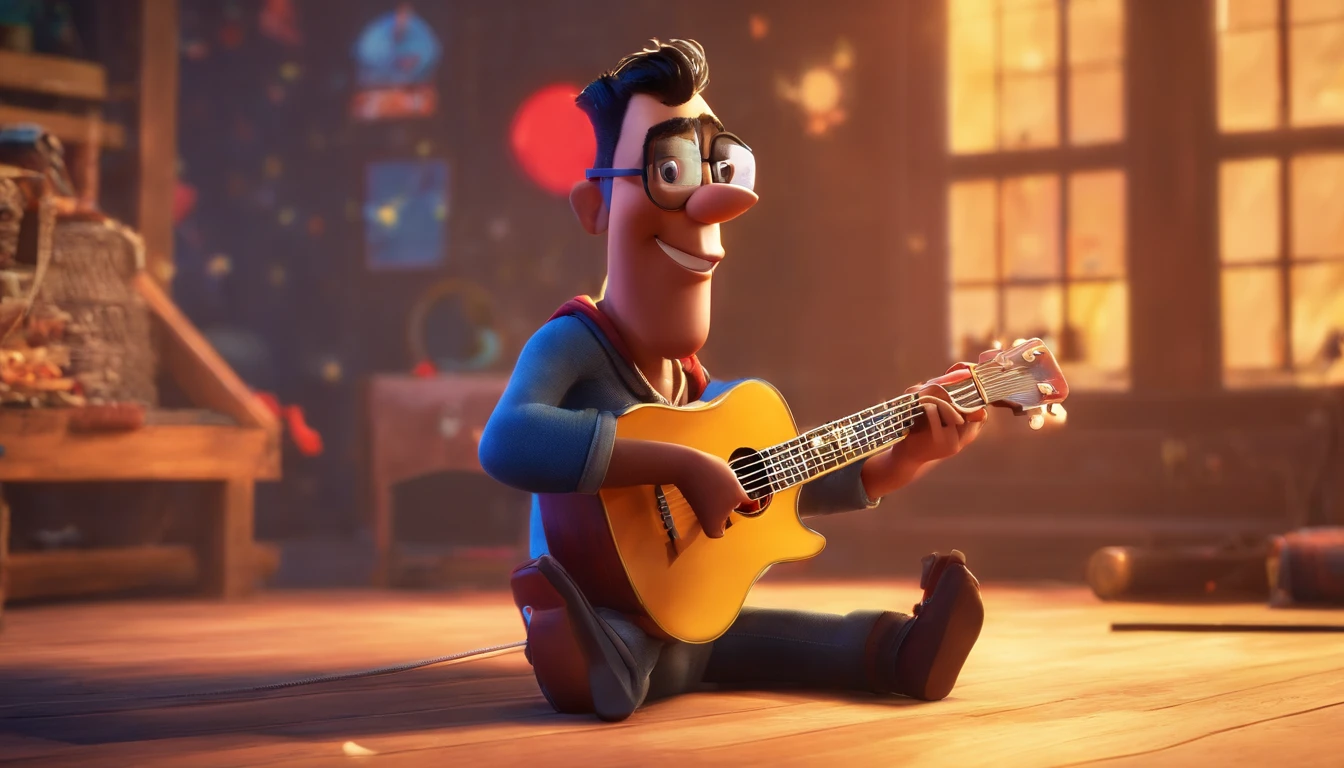 Crie um cartaz inspirado na Disney Pixar com o personagem sendo , A black-haired man wearing sunglasses on a stage with a guitar on, Hands